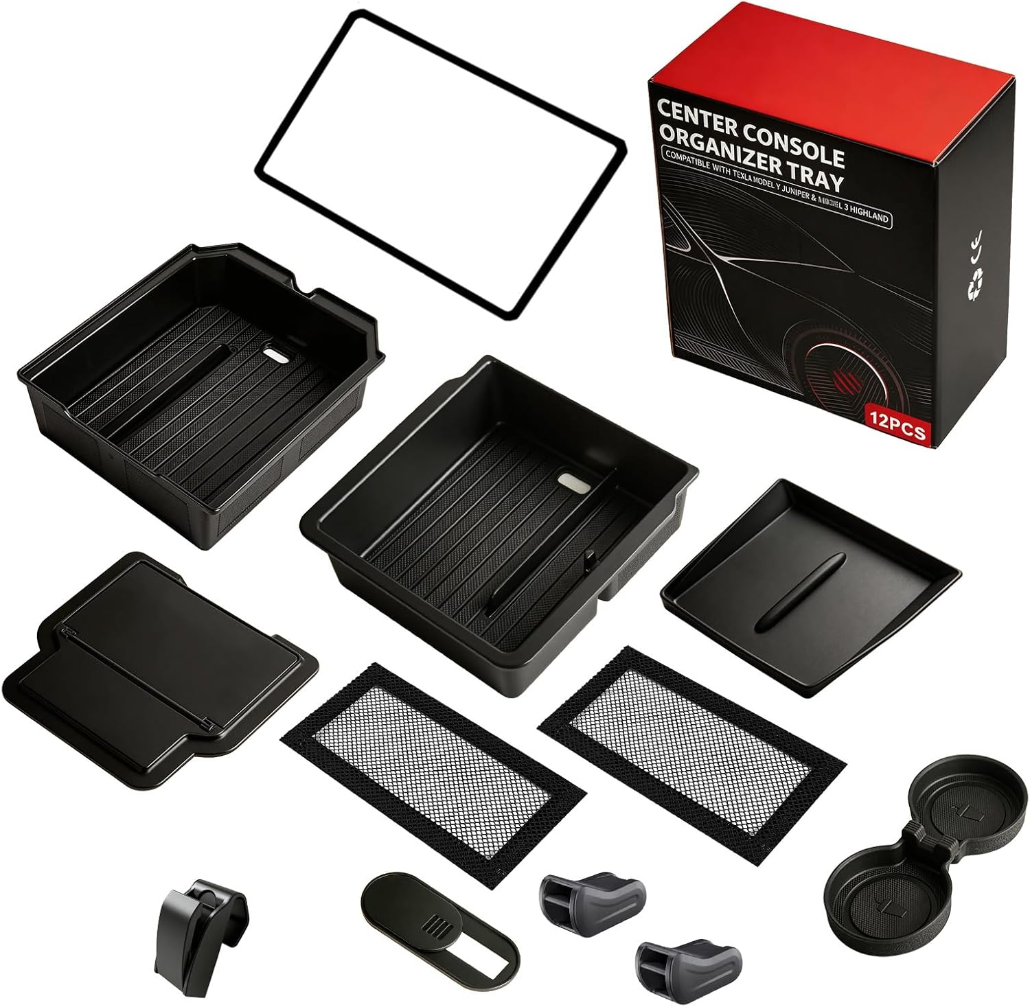 Center Console Organizer Tray for Tesla Model Y Juniper Accessories 2026 and Model 3 Highland Accessories 2024 2025 2026 for Tesla Accessories Cup Holder Matte Black (12PCS-My Juniper 2026+)