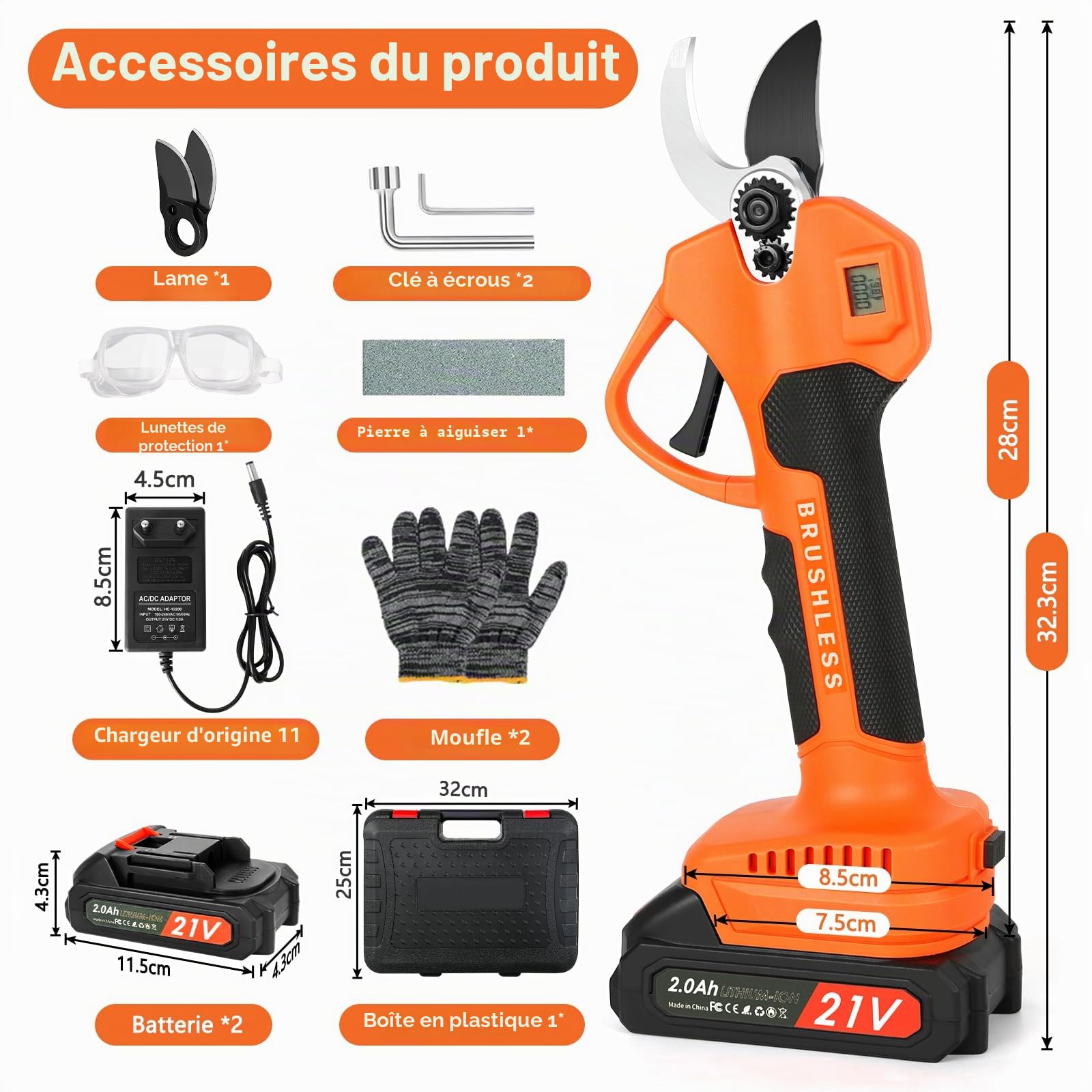 Sécateur électrique sans fil avec affichage LCD, Sécateur de jardin électrique portable avec 2 batteries de 2000mAh et lames SK5 max 40 mm, Sécateurs électriques professionnels pour l'élagage des