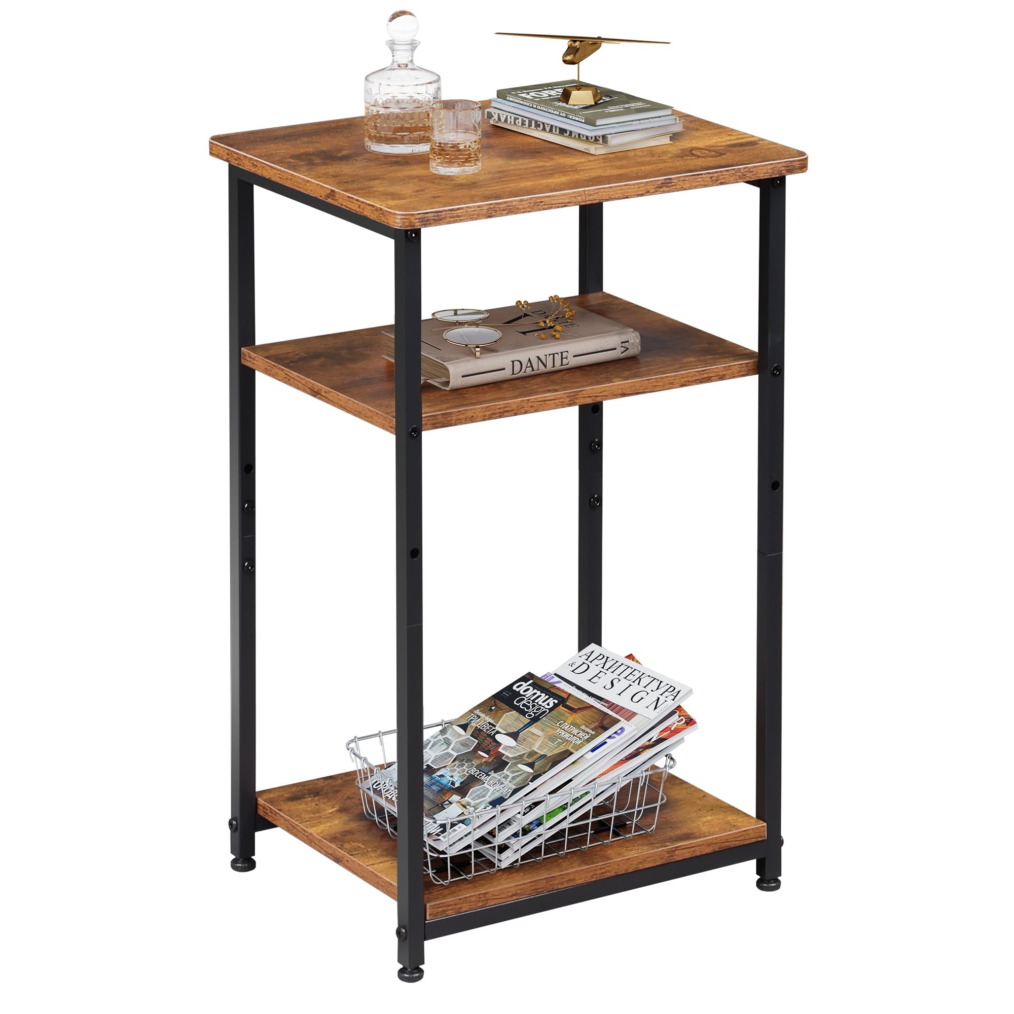 WLIVE Side Table, 3-Tier Small Table with Sturdy Steel Frame, Adjustable Feet, Top Shelf Holds up to 19kg, Bedside Table for Bedroom, End Table for Living Room, Office, Rustic Brown