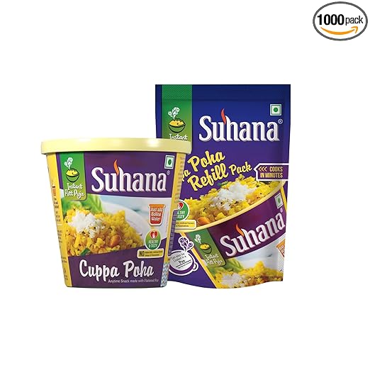 Suhana Cuppa Poha Ready to Eat Instant Breakfast 3 Cuppa with 3 Refill Pack - Pack of 6