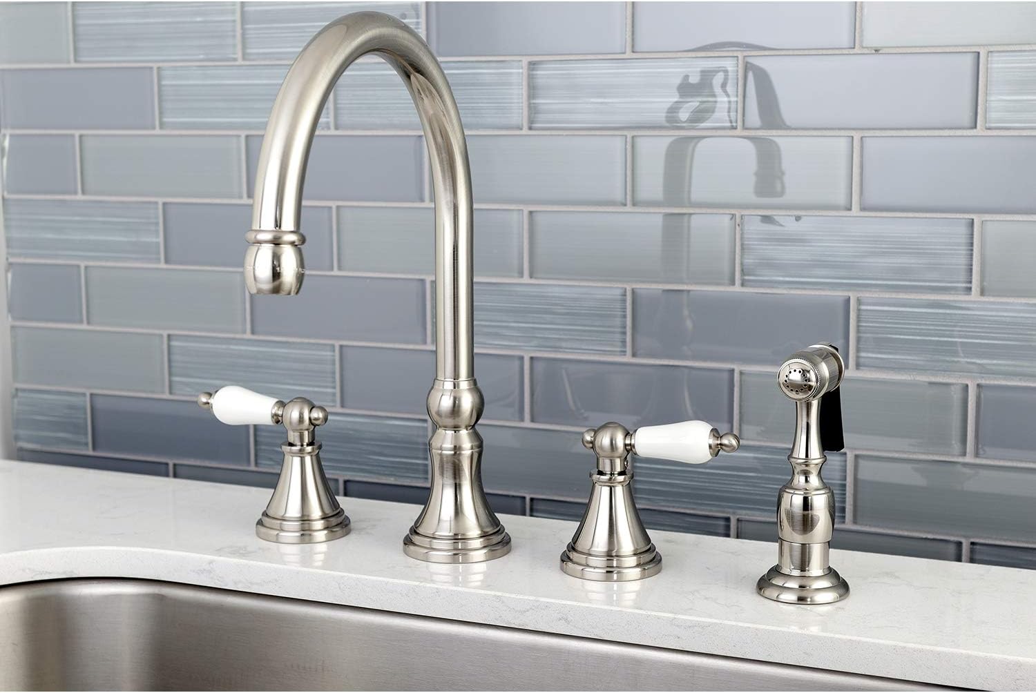 Uр Tо 60% оƒƒ Kingston Brass KS2798PLBS Governor Deck Mount Kitchen Faucet with Brass Sprayer, 8-1/4, Brushed Nickel