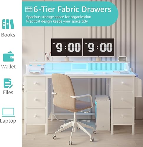 Miniatura 5 de Lufeiya Escritorio blanco para juegos con cajones y estantes de almacenamiento, escritorio de oficina en casa de 47 pulgadas con soporte para