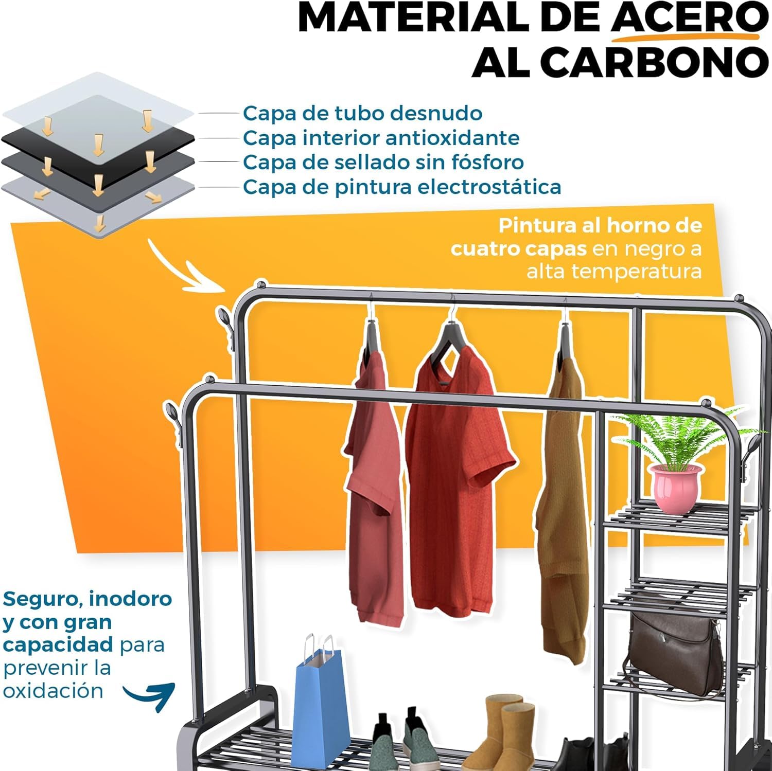 Burro de Ropa Resistente 150 cm con Doble Barra y Zapatero - Perchero de Pie con Ruedas 360 Armario Abierto Multifunción para Vestidor y Dormitorio Antideformación - Acero Negro