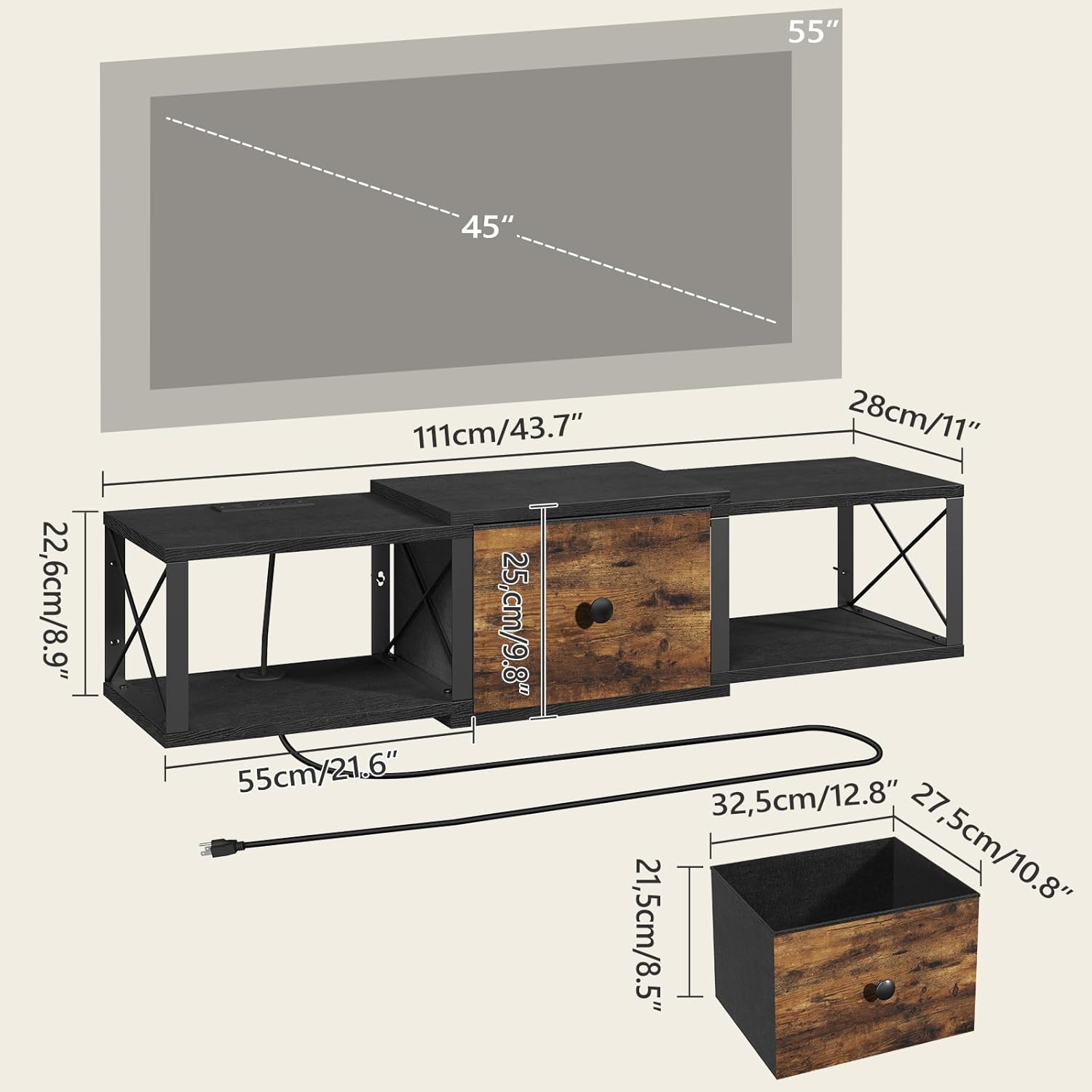 Floating TV Stand with Power Outlet, Wall-Mounted TV Stand with Drawer, Entertainment Center Media Console Shelf for Under TV Storage, Living Room, Bedroom, Black, Rustic Brown TVHR201E01