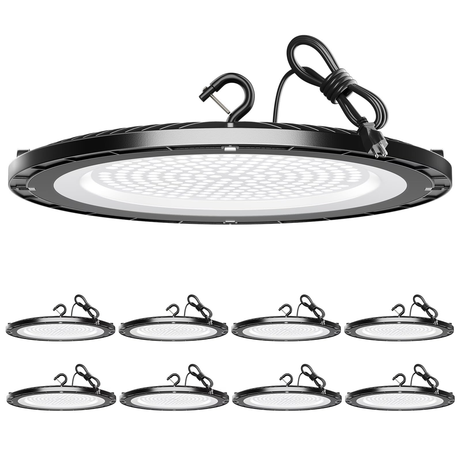 UFO LED High Bay Lights 200W 28000LM with US Plug 5ft Cable 5000K AC100-277V High Bay LED Shop Lights Commercial Warehouse Workshop Factory Barn Garage Lighting Fixture 8 Pack