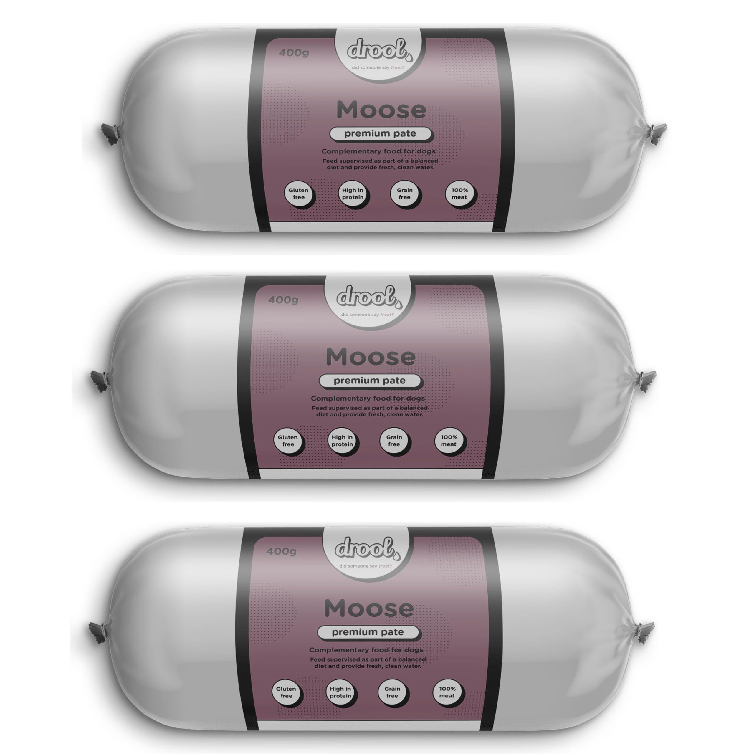 Drool Pet Products | Premium 3 x Moose Dog Pate Tube Roll | Grain-Free High Protein Dog Food | Triple Pack 3 x 400g