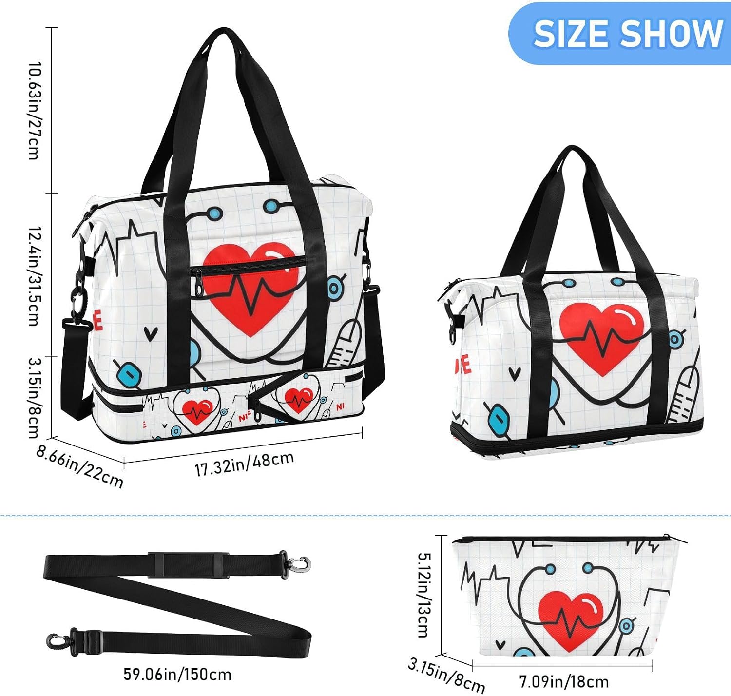 Nurse Elements Cartoon Gym Tote Bag Large Carry On Airport Bag with Toiletry Bag for Trip Foldable