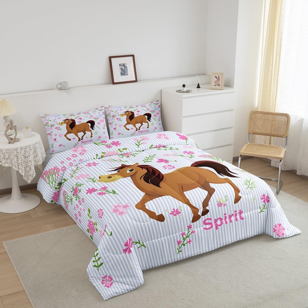 Feelyou Girls Horse Comforter Kids Cartoon Farmhorse Floral Comforter Set for Toddler Baby Girl Pink Blue Stripe Bedding Set Breathable Spirit Horse Animal Duvet Set Room Decor Quilt Set Toddler Size