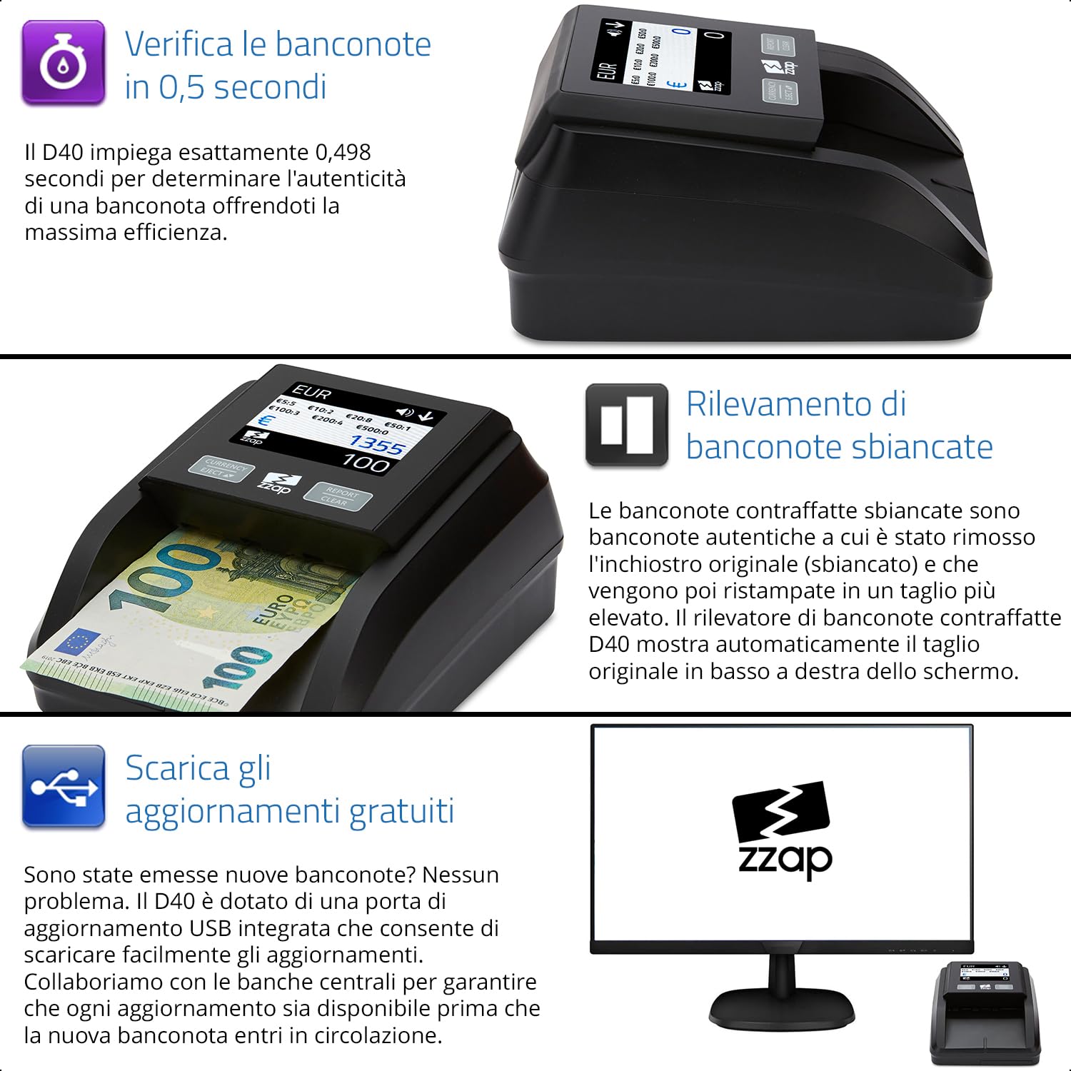 ZZap D40 Rilevatore di banconote false – preciso al 100%, Schermo a colori, 5 valute - Macchina per il controllo del denaro