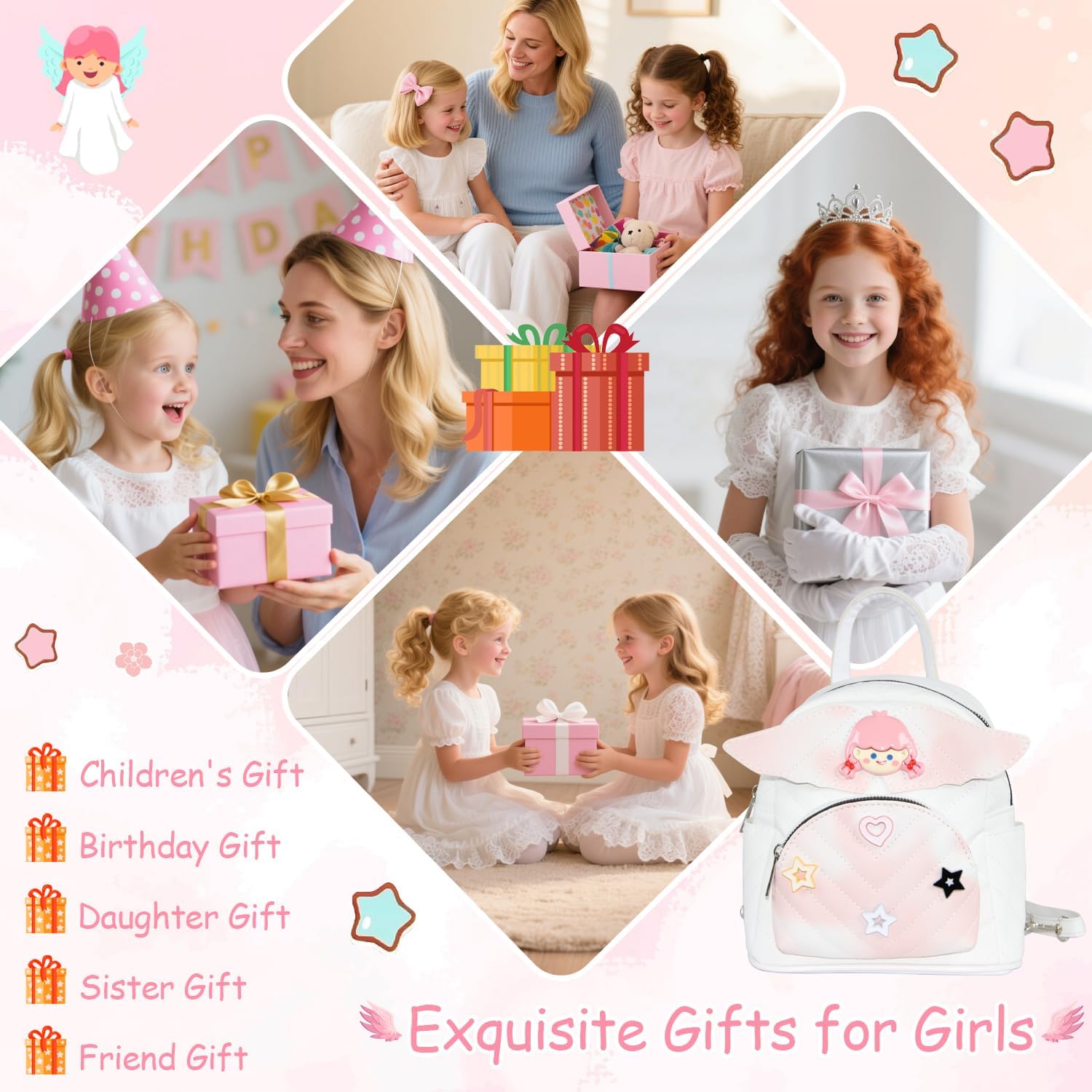 White Quilted Mini Backpack for Girls & Toddlers - Cute PU Leather Small Backpack Purse with 3D Wings, Lightweight Travel Daypack for Kids 3-8 Years - Image 6