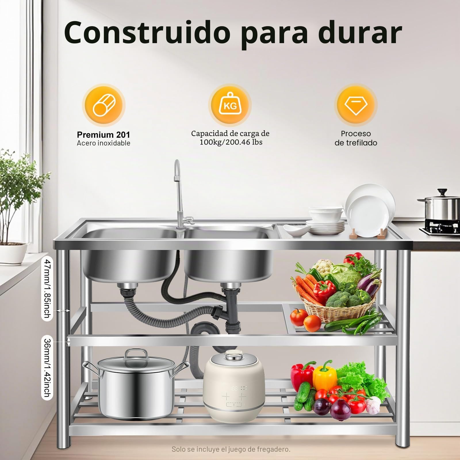 Fregadero de cocina independiente, 2 cuencos, doble, de acero inoxidable, comercial con grifo, soporte y drenaje, para exterior e interior