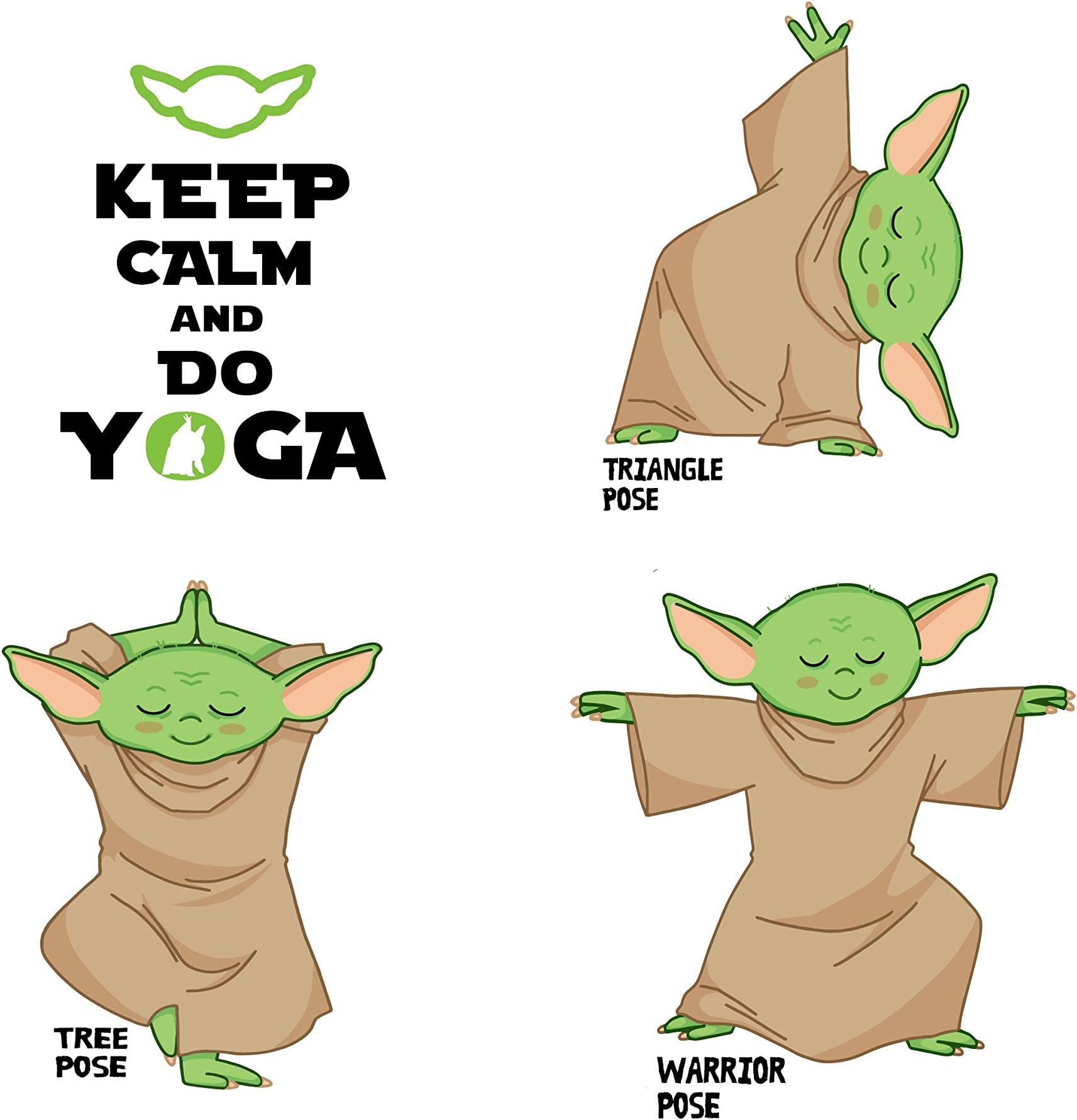 2OWLS Super Cute Baby Yoda Yoga Stickers Set of 4( Three Yoda Yogi poses 2.5 Inches Tall) and one (2.5 Inches Tall)Keep Calm and DO YOGA Star Wars Text Vinyl Decal for Bumper Cars Locker Truck Vehicle Windows Laptops Hydro Bottles and more.
