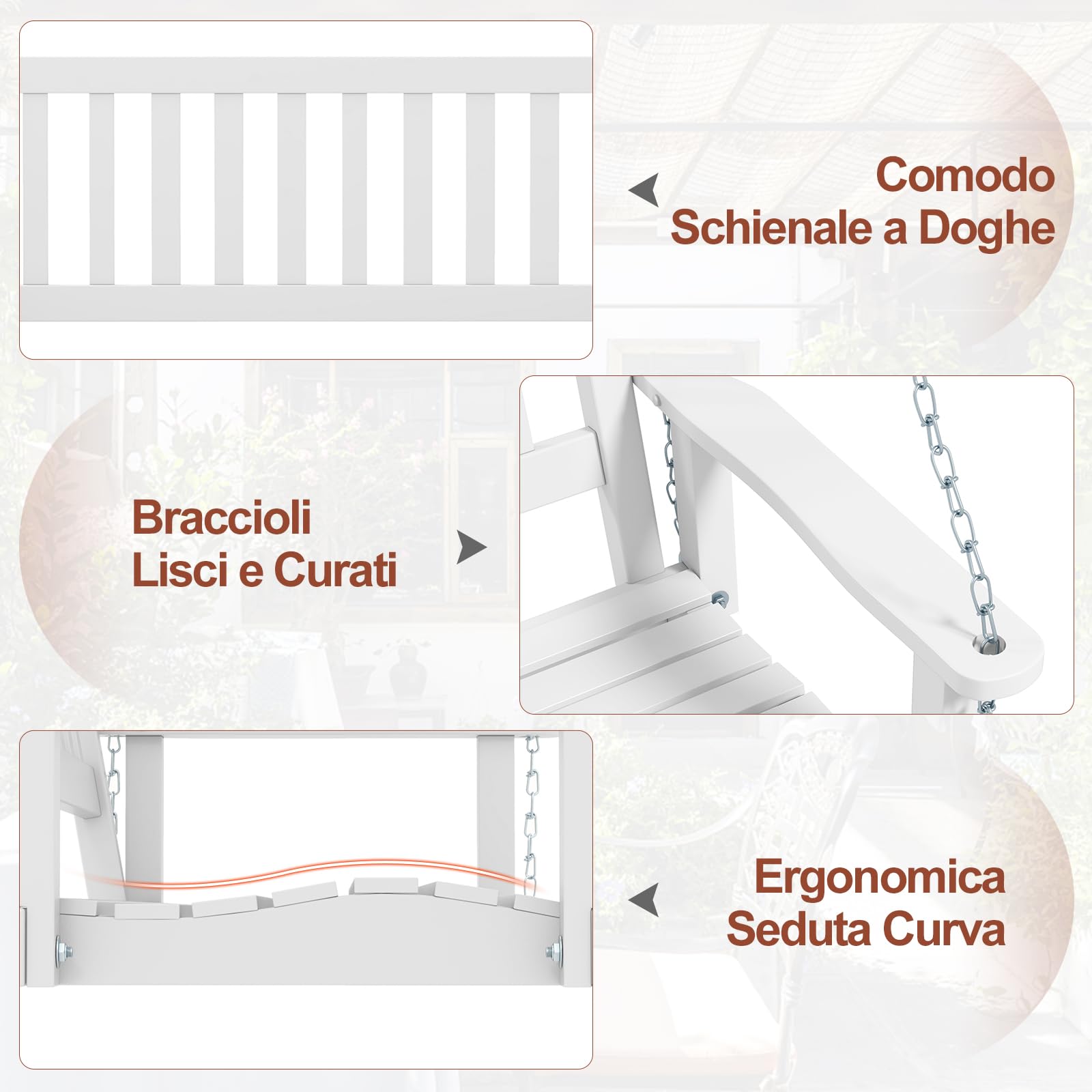 GYMAX Altalena da Giardino in Legno, con Schienale a Doghe, Sedile Curvo e Comodi Braccioli, Design Ergonomico per 2 Persone, Sedia a Dondolo con Capacità di Carico 230 kg (Bianco)