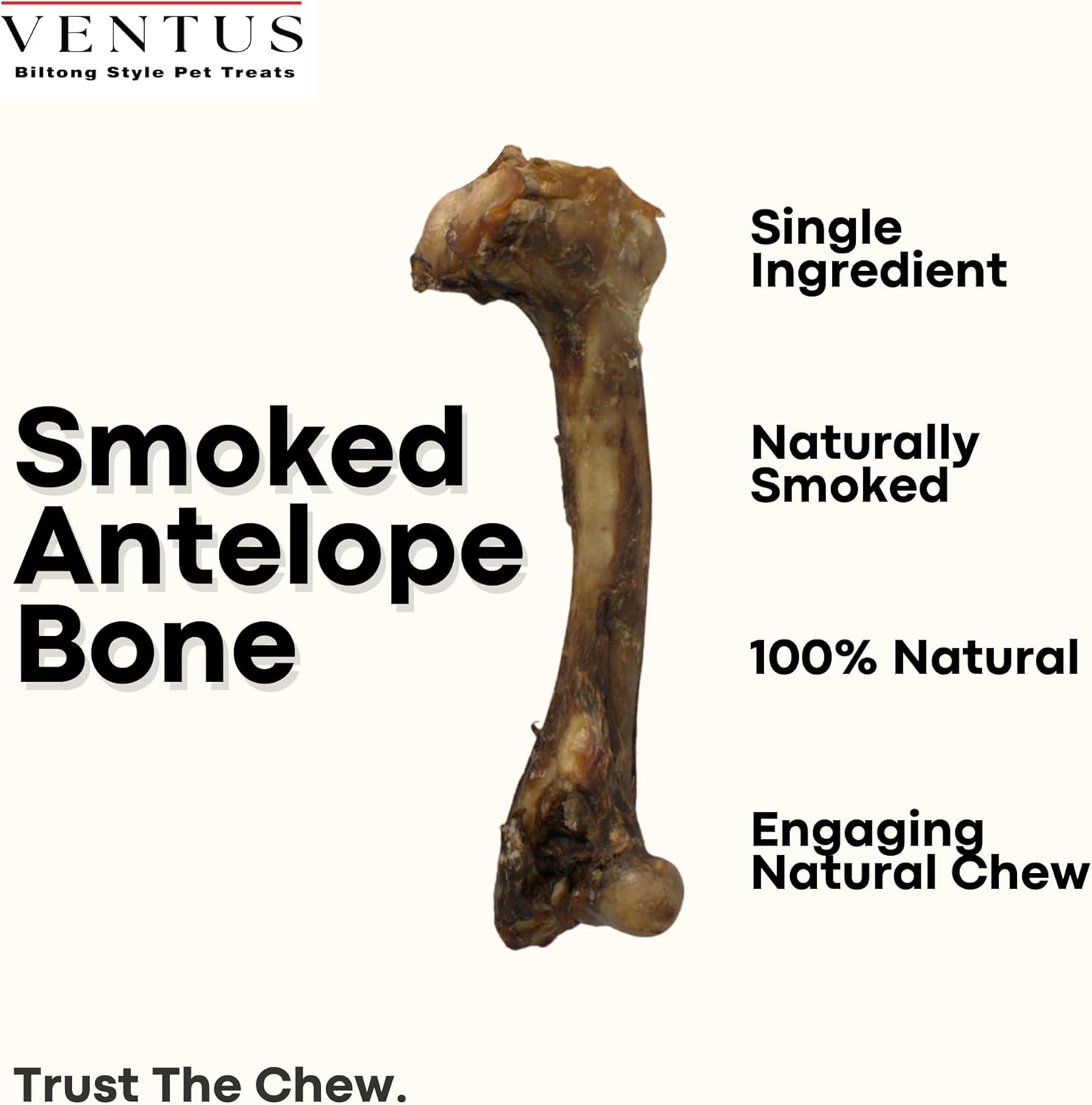 VENTUS Smoked Antelope Bone Dog Chews for Small Dogs, 4 Pack | Natural Single Ingredient Dog Bone Chew | Individually Sealed | No Additives, No Preservatives