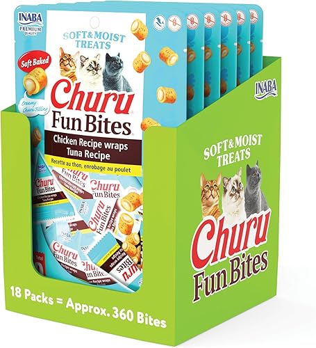 INABA Churu Fun Bites for Cats - Golosinas suaves y masticables para gatos envueltas con pollo horneado con taurina, 0.42 onzas cada tetra, 18