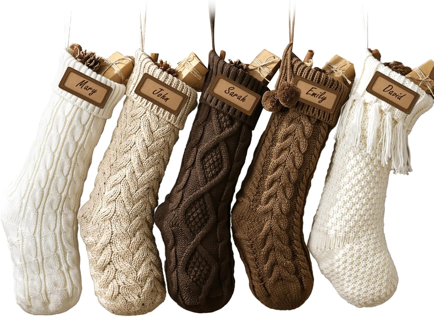 Rustic Knitted Personalized Christmas Stockings: 5 Pack 18 Inch Earth Tones Cable Knit Fireplace Stockings, Neutral Cozy Hanging Xmas Stockings Decorations for Family Holiday Decor, White Beige Brown