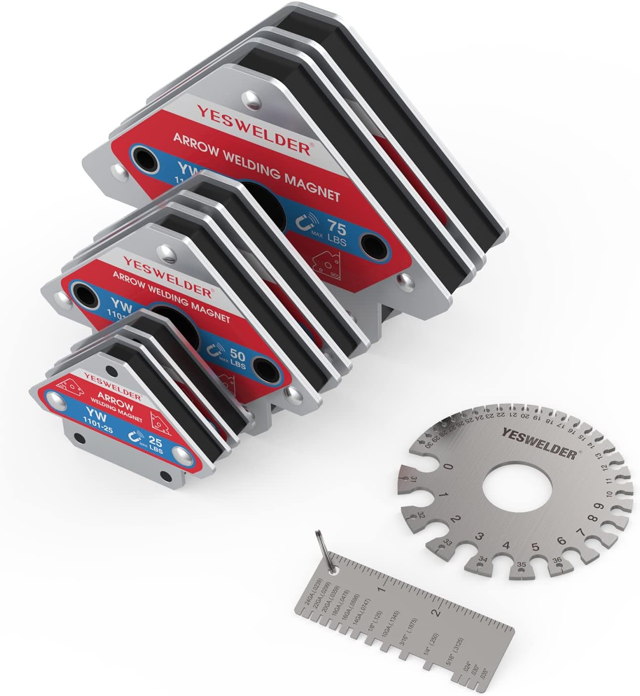 YESWELDER 25/50/75LB Welding Magnets & Round Dual Sided Metal Sheet Guage & Metal Sheet Thickness Gauge 2pk Stainless Steel Wire Welding Gauge