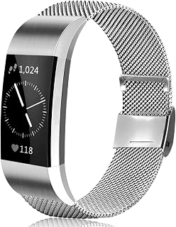 Amzpas Metal Replacement Bands Compatible with for Fitbit Charge 2 Bands, Adjustable Stainless Steel Metal Bracelet Strap for Fitbit Charge 2 HR Fitness Tracker Men Women Small Large (Silver, Small)
