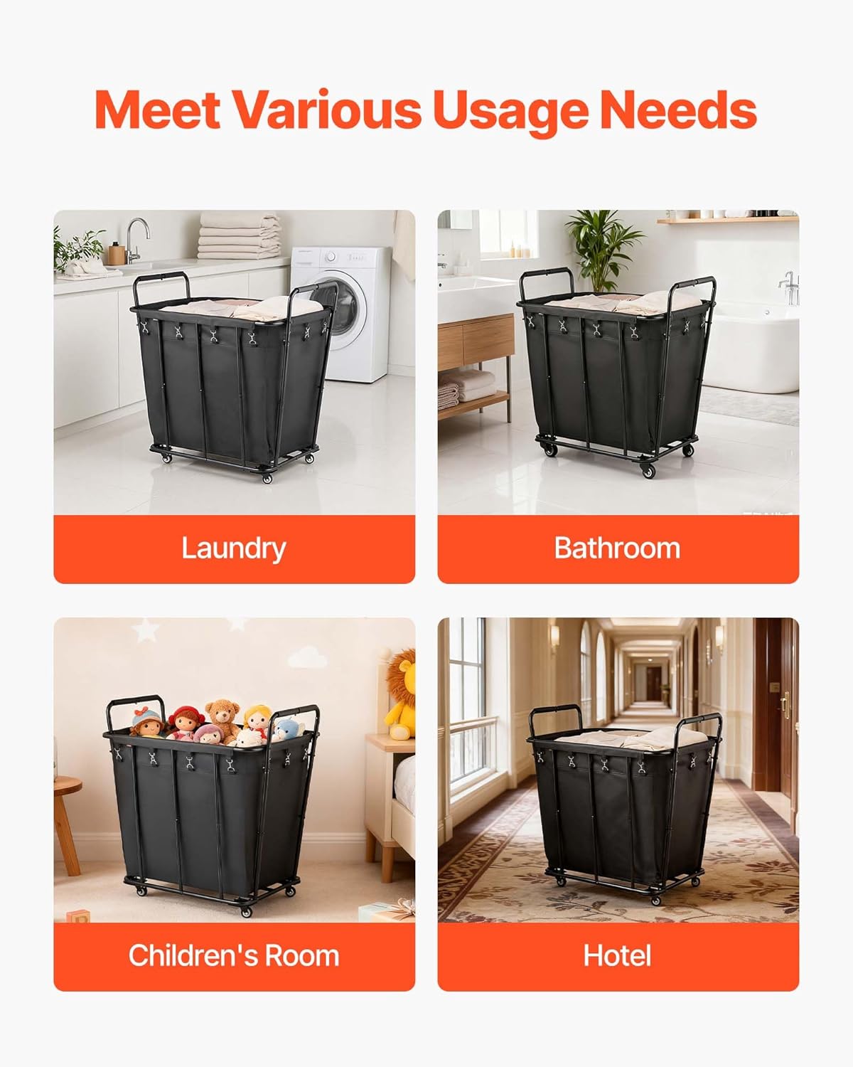 VEVOR Laundry Cart, Rolling Grocery Utility Cart with Waterproof Liner & Swivel Wheels, 260 LBS Large Load Capacity, Heavy Duty Shopping Basket for Laundry, Shopping, Camping, Grocery, Luggage, Black