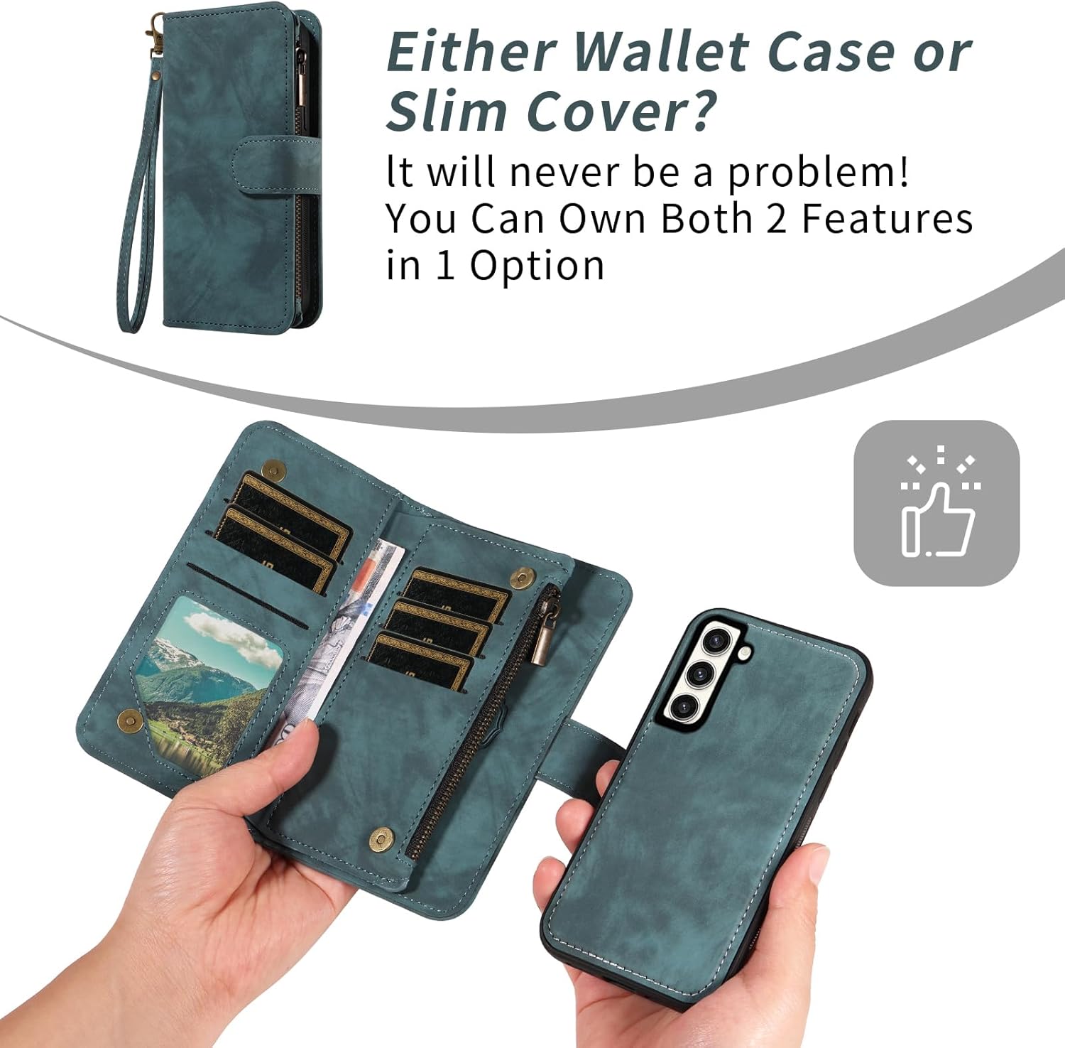 Asuwish Phone Case for Samsung Galaxy S23 Plus S23+ 5G Zipper Wallet Cell Cover with Tempered Glass Screen Protector Strap Flip Credit Card Holder S23plus 23S + S 23 23+ SM-S916U 6.6 inch Women Blue