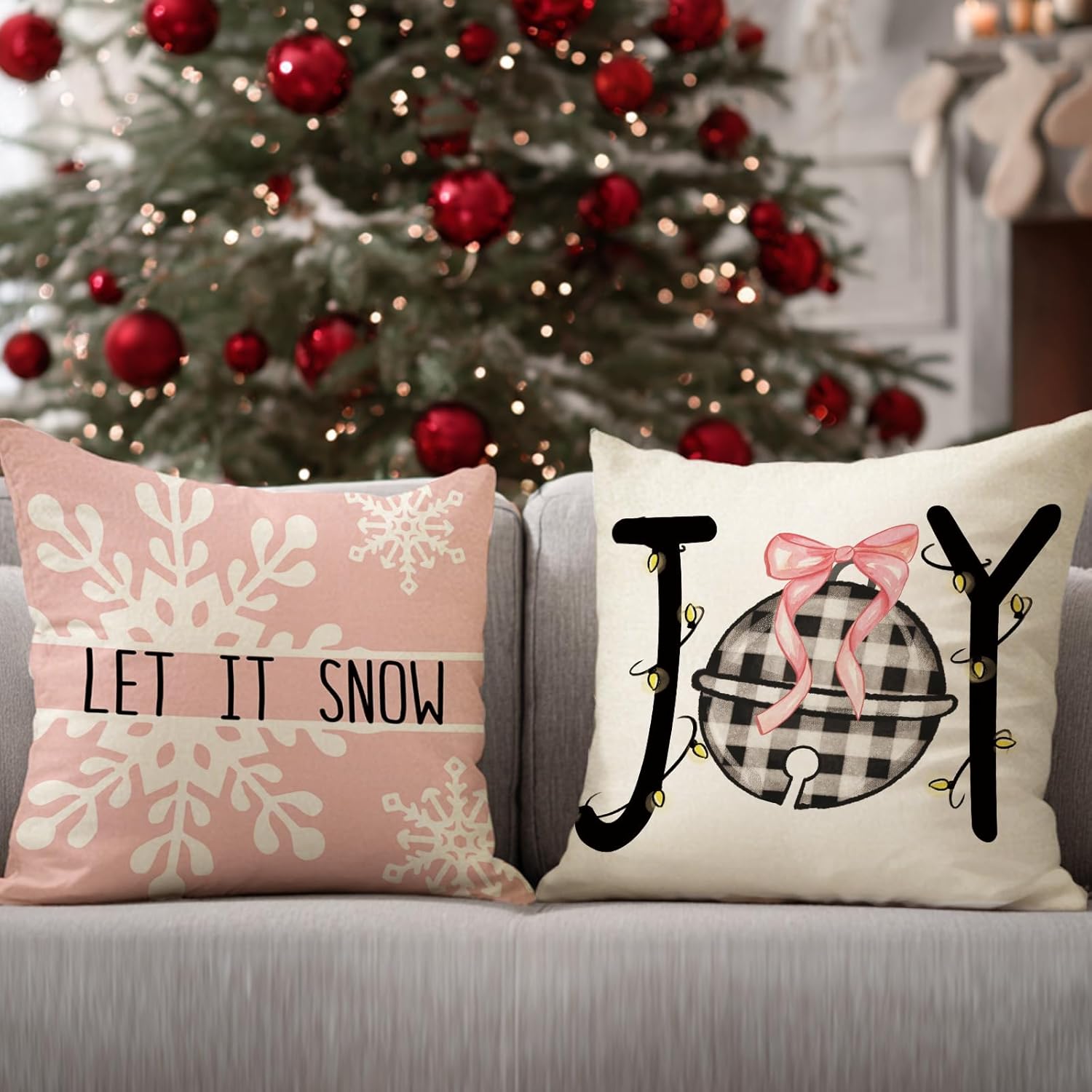 Merry Christmas Pink Decorative Throw Pillow Covers 18 x 18 Set of 4, Xmas Tree Snowflake Joy Bell Buffalo Plaid Porch Outdoor Home Decor, Let It Snow Winter Holiday Sofa Couch Cushion Case - Image 6