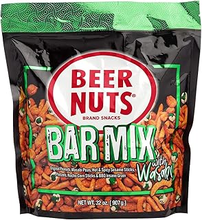 BEER NUTS Bar Mix w/Wasabi - Pretzels, Cheese Stix, Sesame Stix, Insane Grain & Wasabi Peas - 32oz Resealable Bag (Pack of 1)