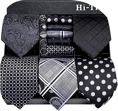 Hi-Tie Lote de 5 piezas de caja de regalo para hombre, corbata con gemelos cuadrados de bolsillo, colección de corbata de cuello de seda