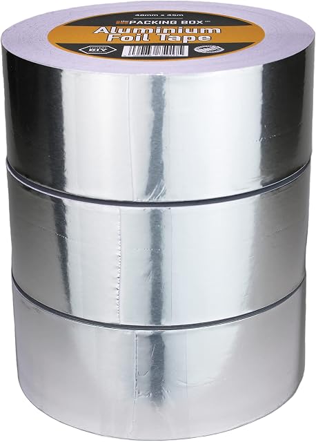 Aluminium Foil Tape - Pack of 3, 48mm x 45m Heavy Duty Strong Adhesive Heat Resistant Insulation Pipe Repair by The Packing Box