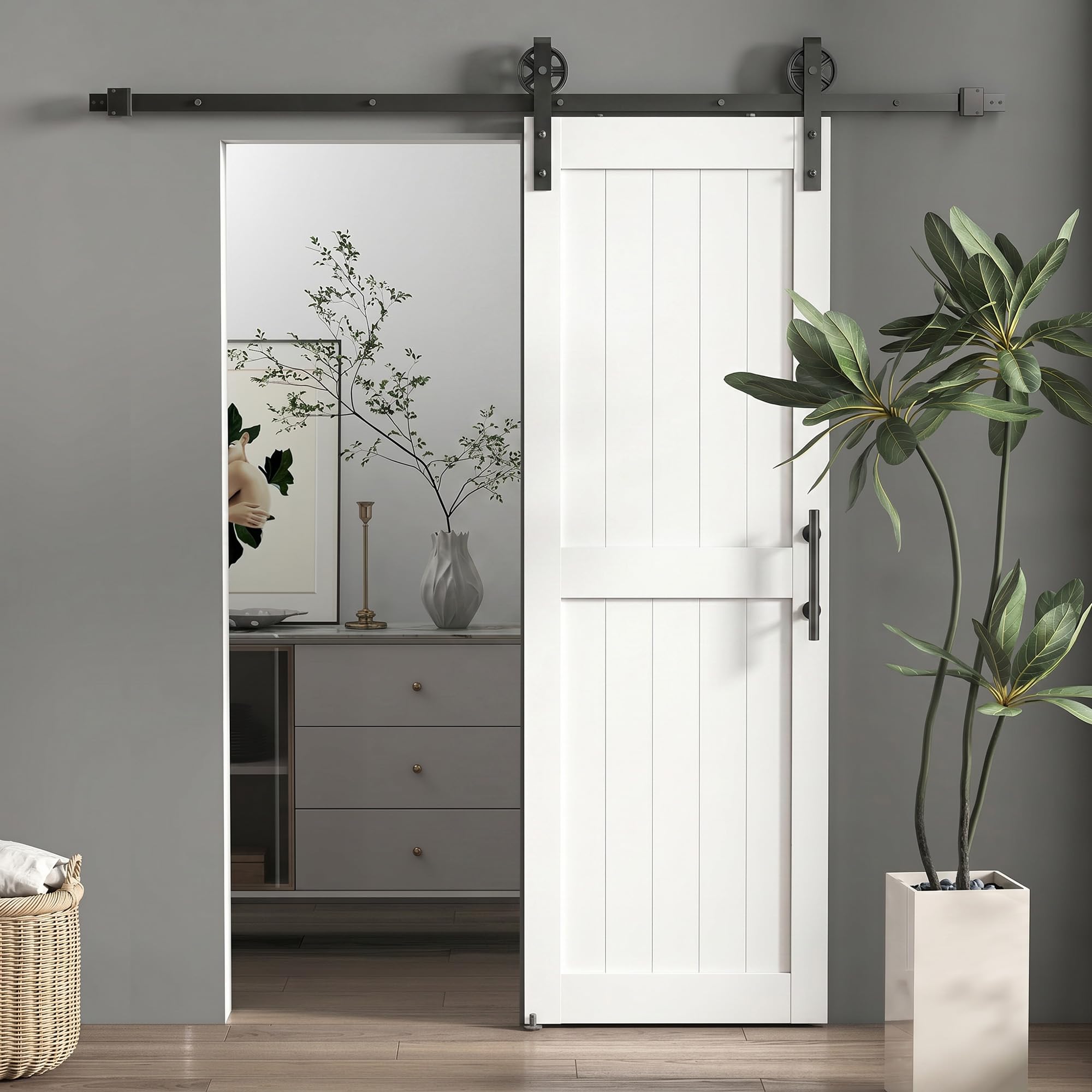 HOMCOM Puerta Corredera de Granero con Herrajes 71,5x213,4 cm Puerta Corredera de Interior con Manija Rodillo y Guía de Suelo Mejorados para Baño Salón Sala de Estar Blanco