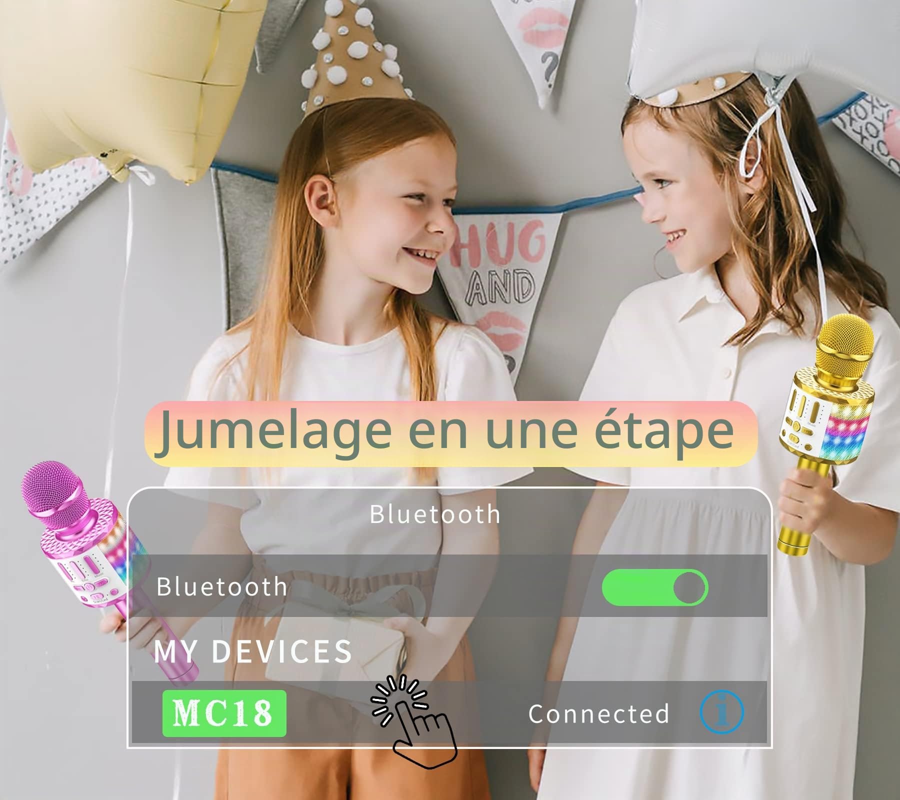 Micros sans Fil Karaoké, Microphone Karaoke Bluetooth avec Lumière Scène, Portable Haut-Parleur pour Enfants/Adultes Fête Chanter Disco KTV Clubs Noël Anniversaire Soiree Idée Cadeau Fille Garcon
