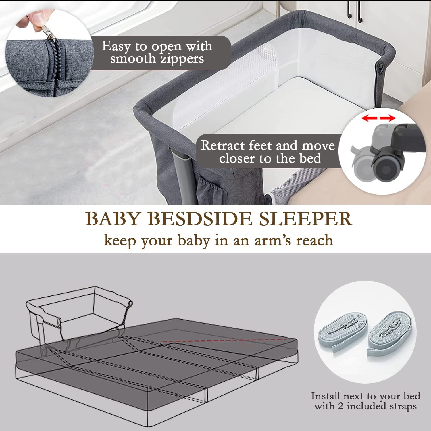 Instructions for retracting feet and using straps for bedside sleeper mode