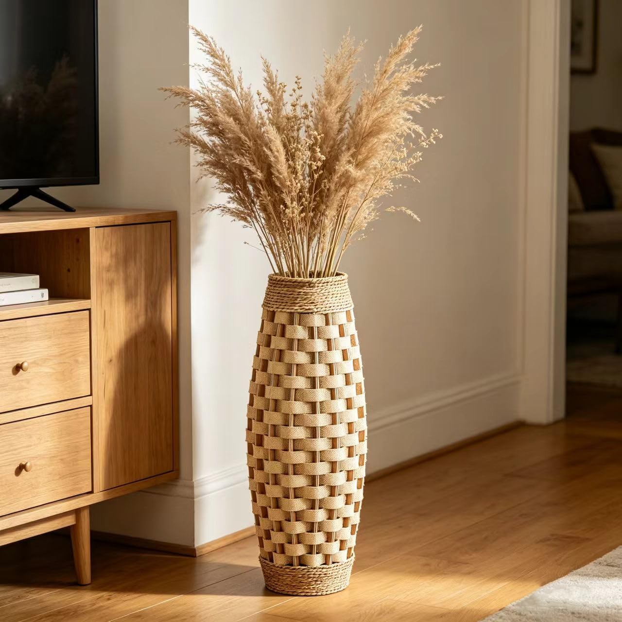 Hosley 24” Tall Woven Floor Vase – Natural Wood & Grass Decorative Vase for Home Décor, Floral Arrangements, Entryway, Living Room