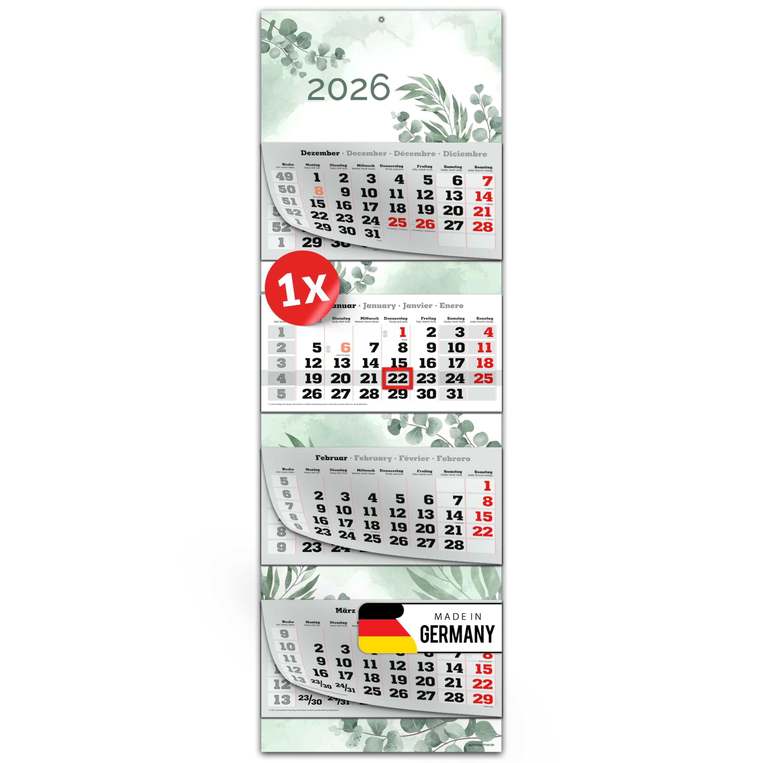 PRIMUS PRINT XXL Calendario 2026 – Multibloc Calendario de pared – Calendario de 4 meses – con fecha deslizante, calendario para colgar – Incluye días festivos y vacaciones – varios diseños – [1 x