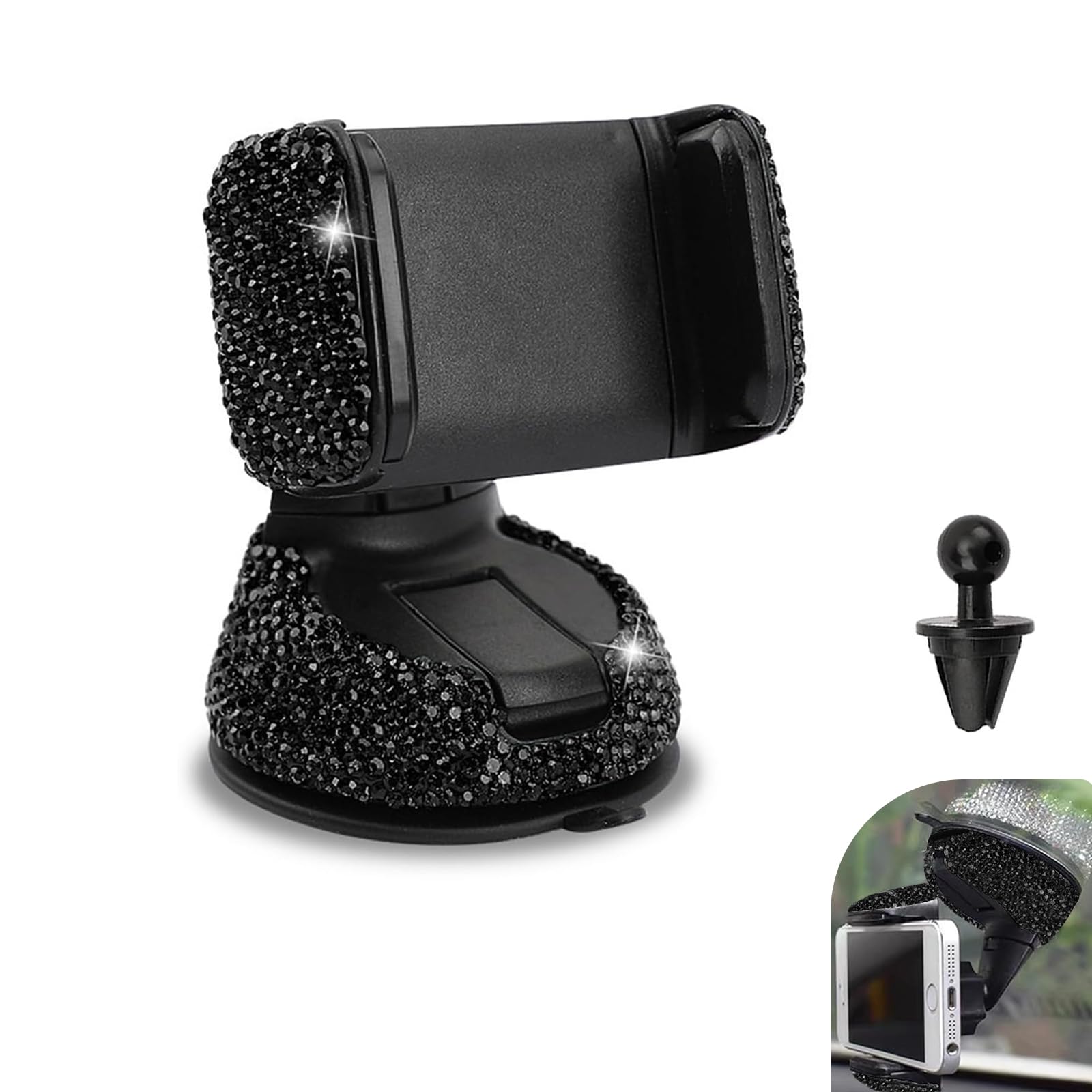 Shakas Bling Car Phone Holder, Rhinestone Encrusted Air Conditioner Vent Navigation Mount for Women Girls, Suction Cup Air Vent Clip Dual Purpose Accessory for Most Cars (Black)