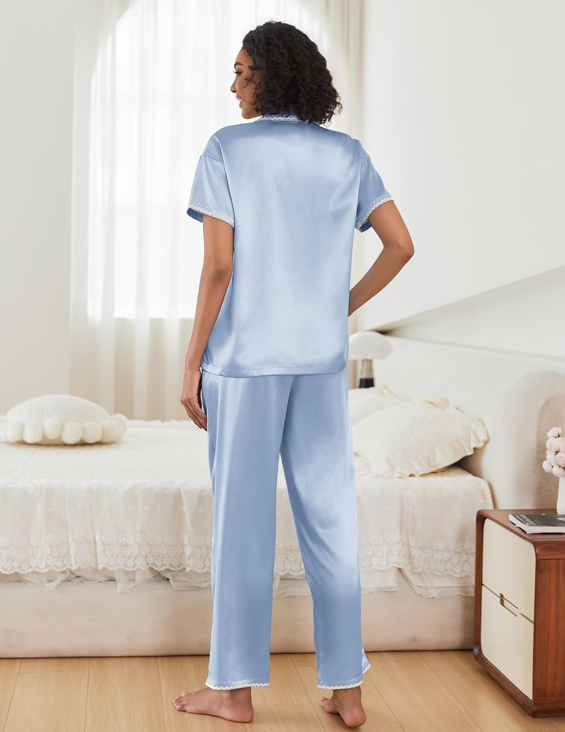 Ekouaer Silk Pajamas for Women Set Satin Two Piece Pjs Sets Ric Rac Trim Contrast Loungewear - Image 5