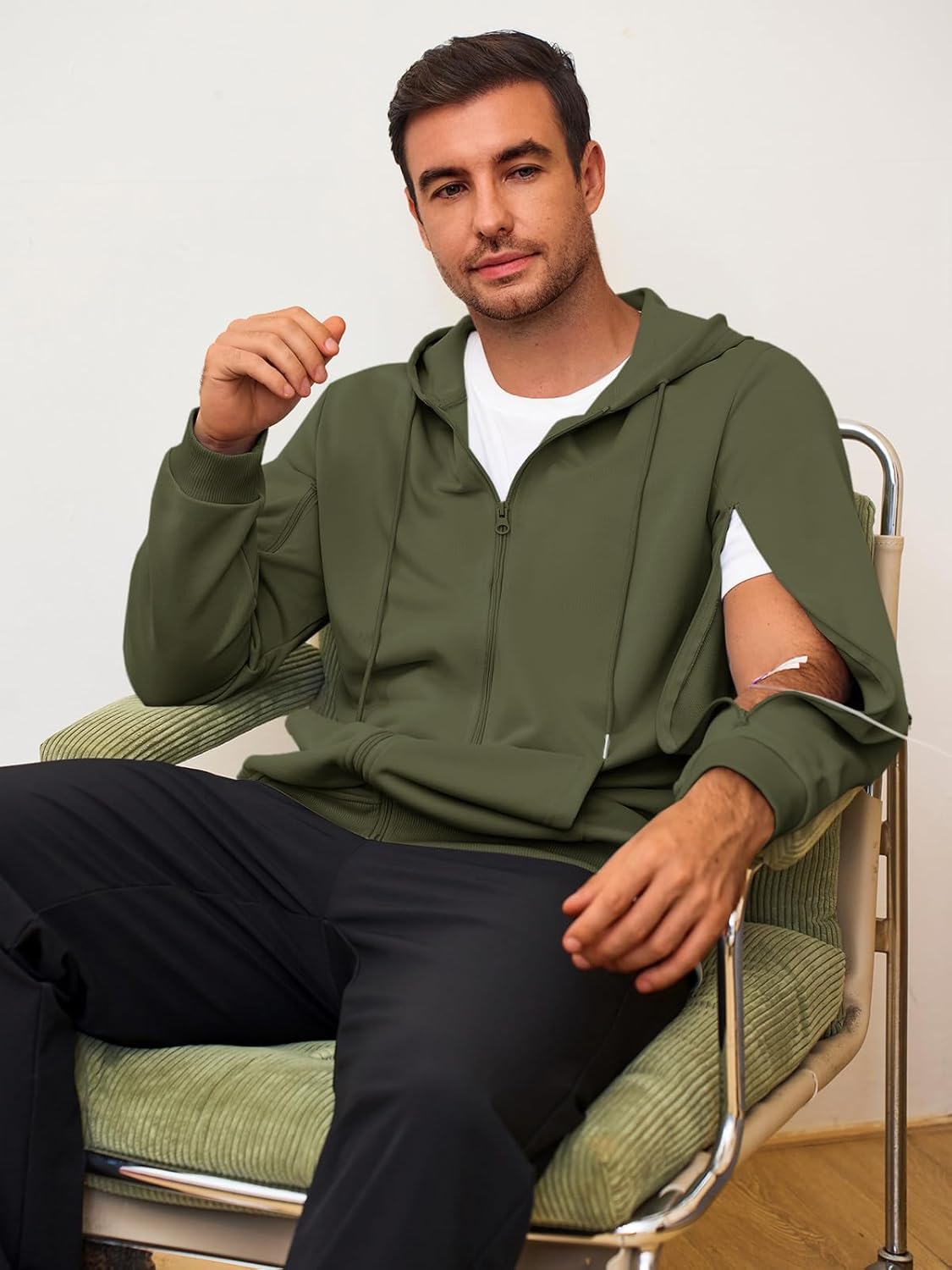 Runcati Mens Dialysis Sweatshirts Full Zip Lightweight Hemodialysis Jacket Warm Hoodie Sweatshirt with Arm Zipper - Image 3