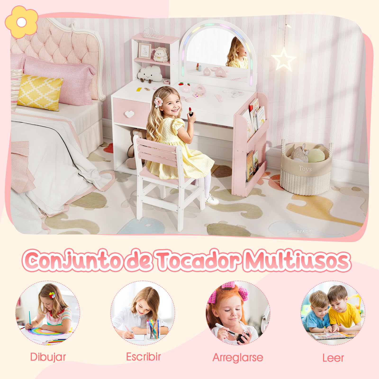 COSTWAY Tocador de Maquillaje Niña, Tocador Niña con Silla Ergonómica, Espejo Iluminado, Estantería de 2 Niveles y Cajón de Almacenamiento, Juego de Mesa de Maquillaje para Niños de 3+ Años (Blanco)