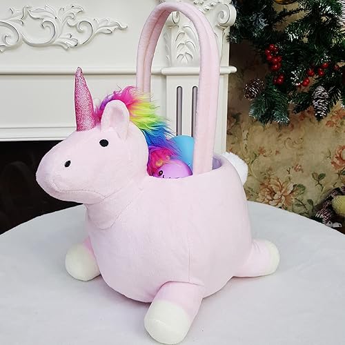 Miniatura 4 de Cesta personalizada para cacería de huevos de Pascua, cesta de unicornio de felpa con nombre impreso (cesta de unicornio con personalización)