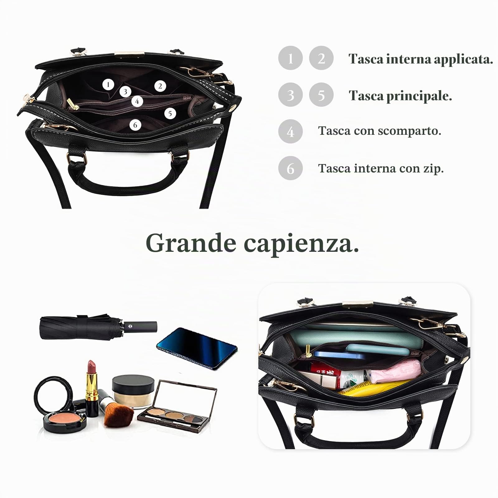 FANDARE Borsa a Mano Donna Impermeabile Borse a Spalla Borse a Tracolla Borse Tote PU Pelle Borse Messenger per Shopping Viaggio Lavoro Incontri Nero