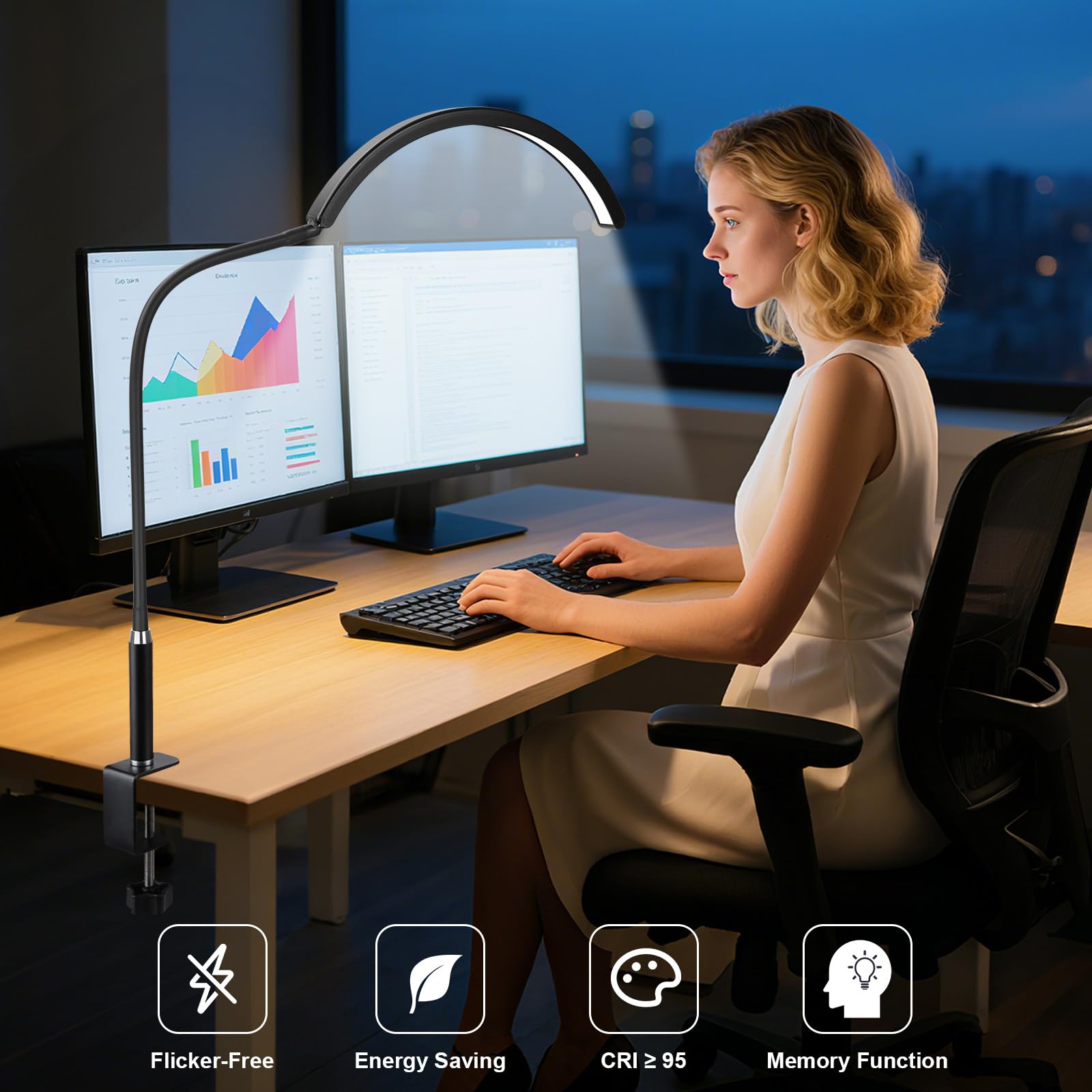 Lampe de bureau LED professionnelle demi-lune pour techniciens et artistes des ongles – Lampe flexible col de cygne avec pince, 3 modes de couleur et 5 niveaux de luminosité pour manucure