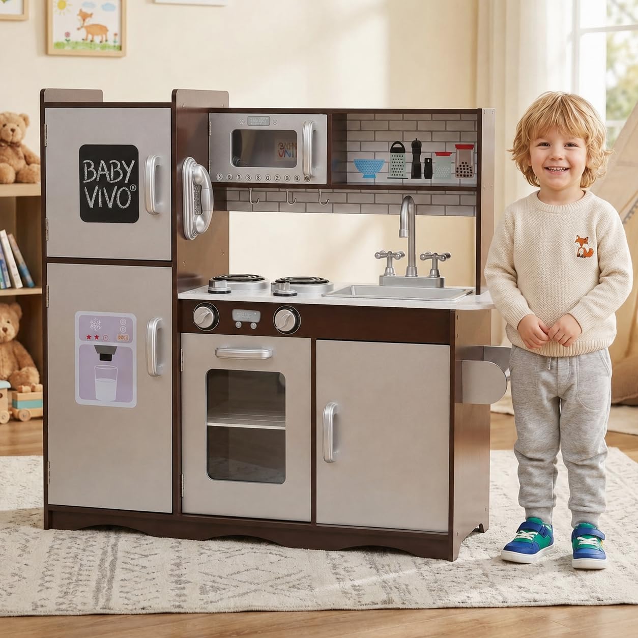 Baby Vivo Kinderküche Spielküche Set aus Holz Kinderspielküche Küche Holzküche Spielzeugküche - Toni in Braun
