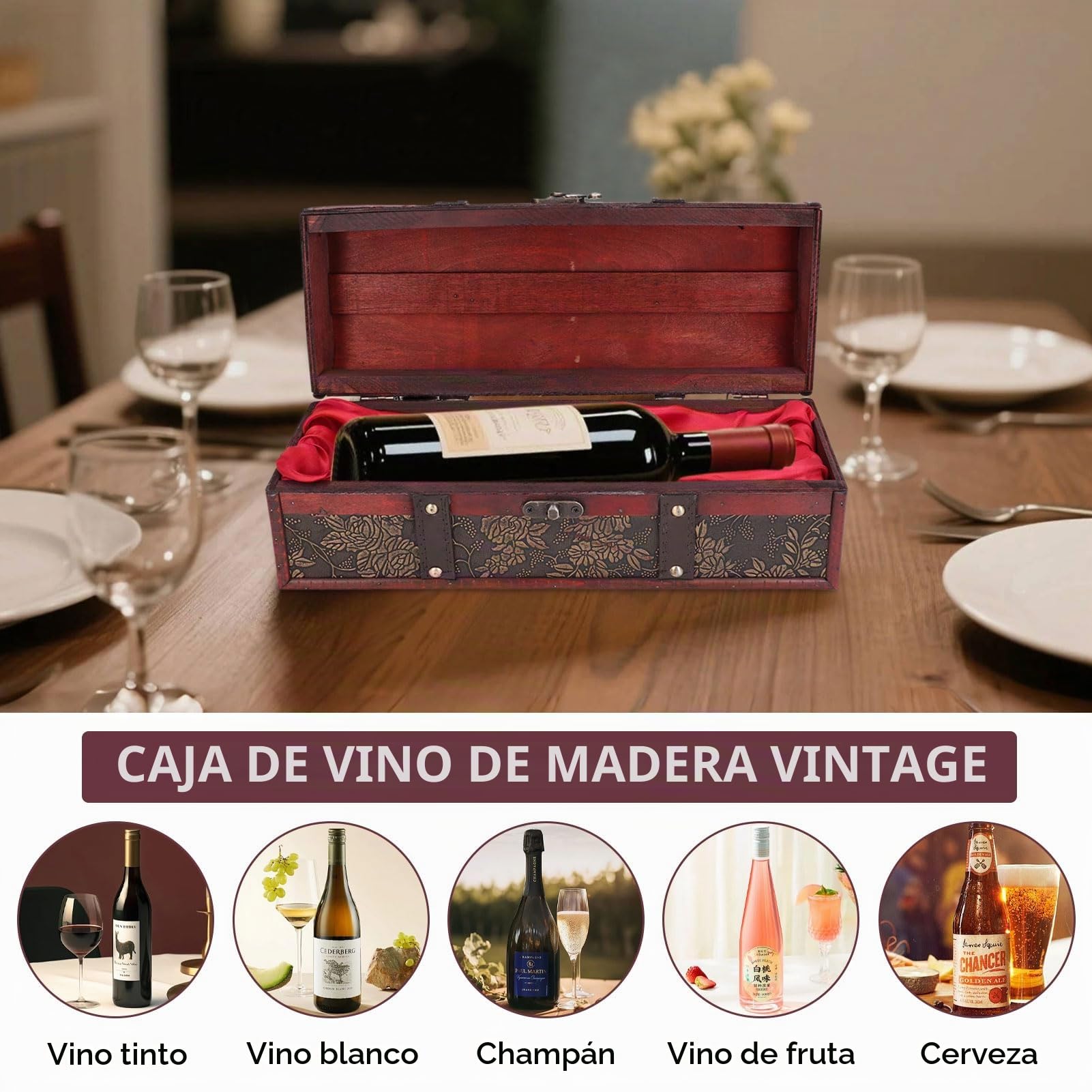 Cyrank Caja de madera para botellas de vino, caja de regalo vintage, caja de regalo para botellas de vino de madera vintage, caja de almacenamiento para vino tinto, champán, caja de vino individual