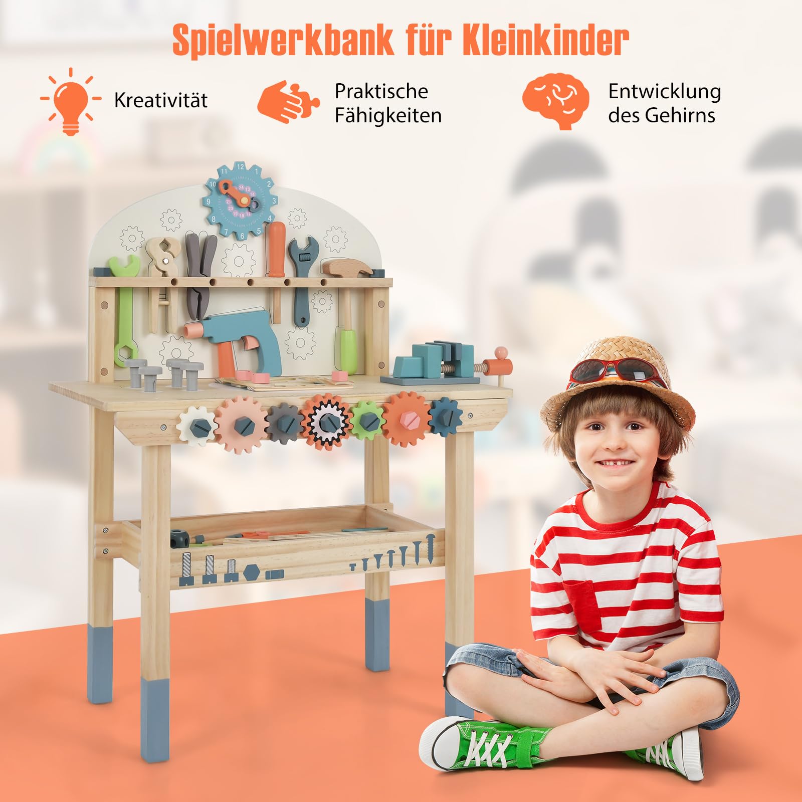 COSTWAY Montessori ławka narzędziowa dla dzieci, stół warsztatowy z drewnianą ramą magnetyczną, regał do przechowywania i akcesoria, stół warsztatowy z zestawem narzędzi Montessori dla dzieci od 3 lat