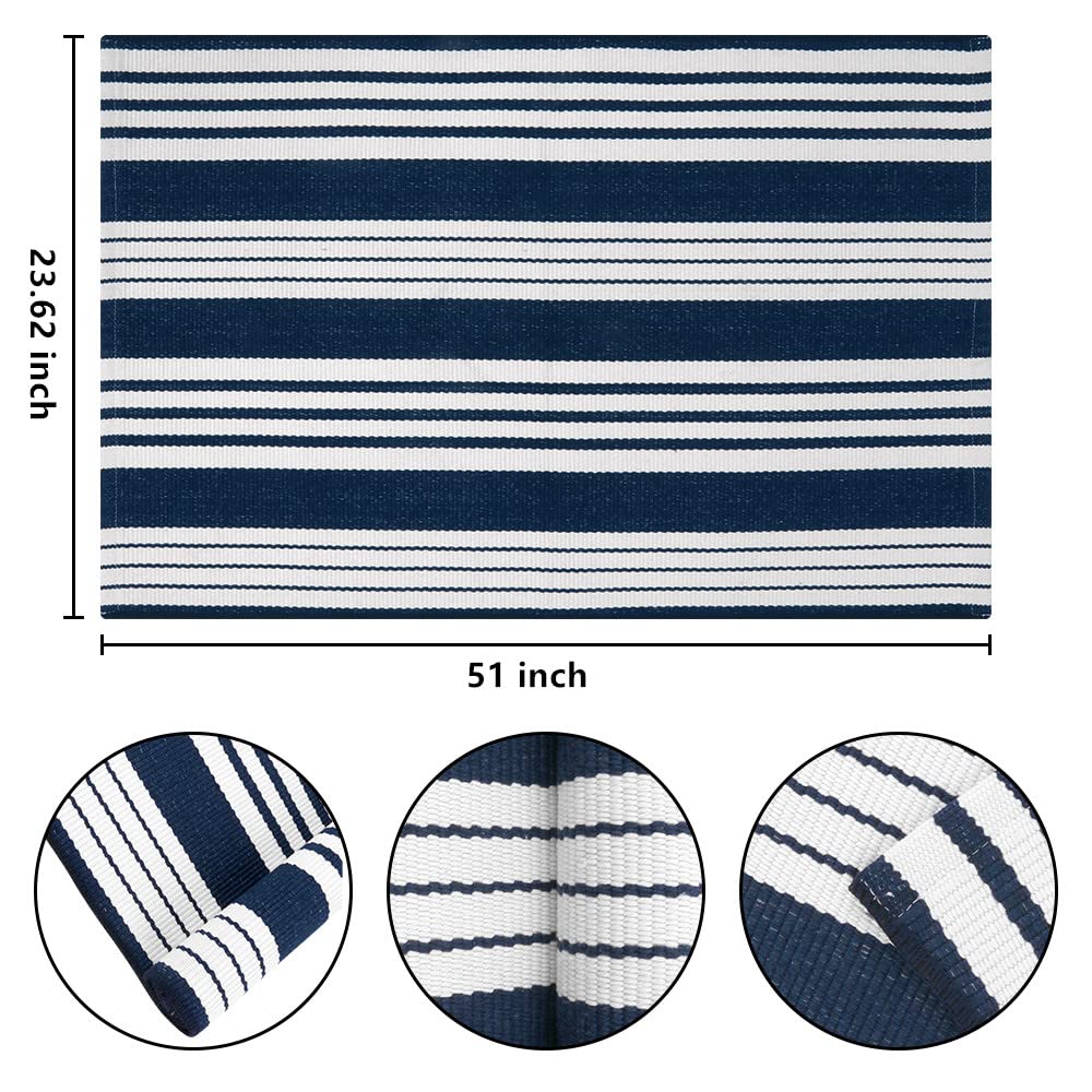 Blue and White Striped Rug 24'' x 51''Outdoor Front Porch Rug Hand