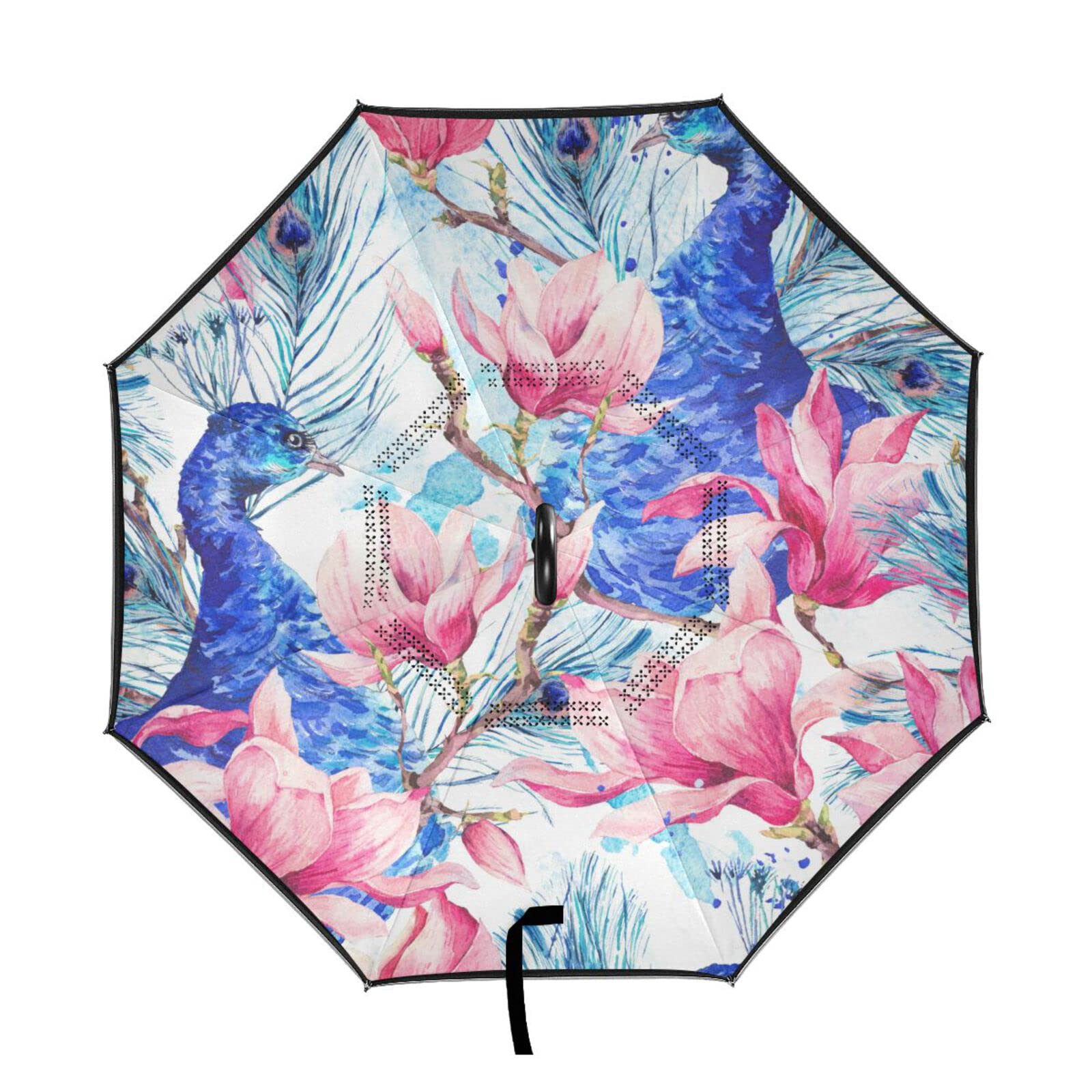 MNSRUU Doble capa invertida azul pavo real rosa magnolia flor paraguas coches inversa viento paraguas lluvia para coche al aire libre con mango en forma de C protección UV viento, Pink, L