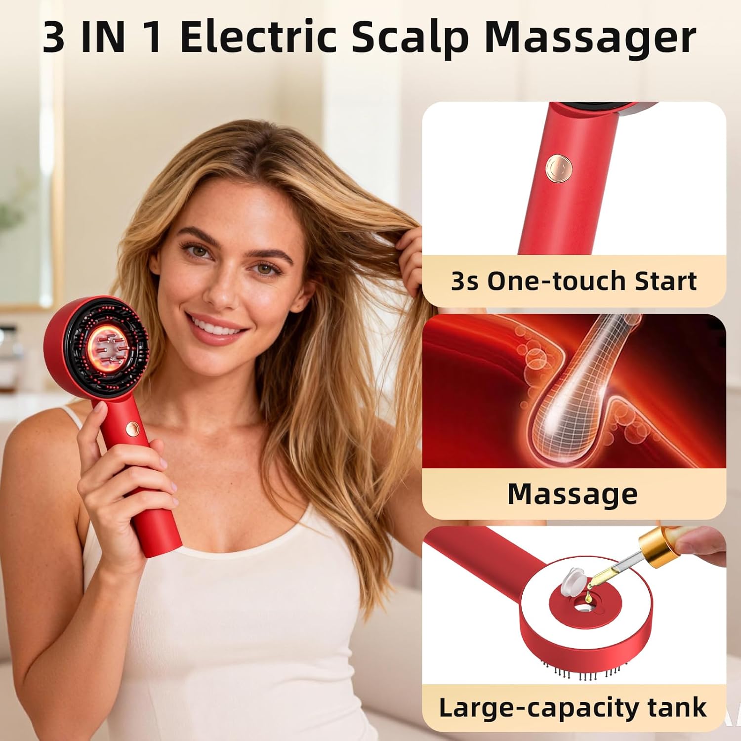 3 in 1 Scalp Massager Hair Oil Applicator,Head Scalp Massager,Scalp Massager Hair Growth,Electric Scalp Brush,IPX7 Waterproof Hair Comb,Cordless & Portable Scalp Massage Device for Home & Travel, Red