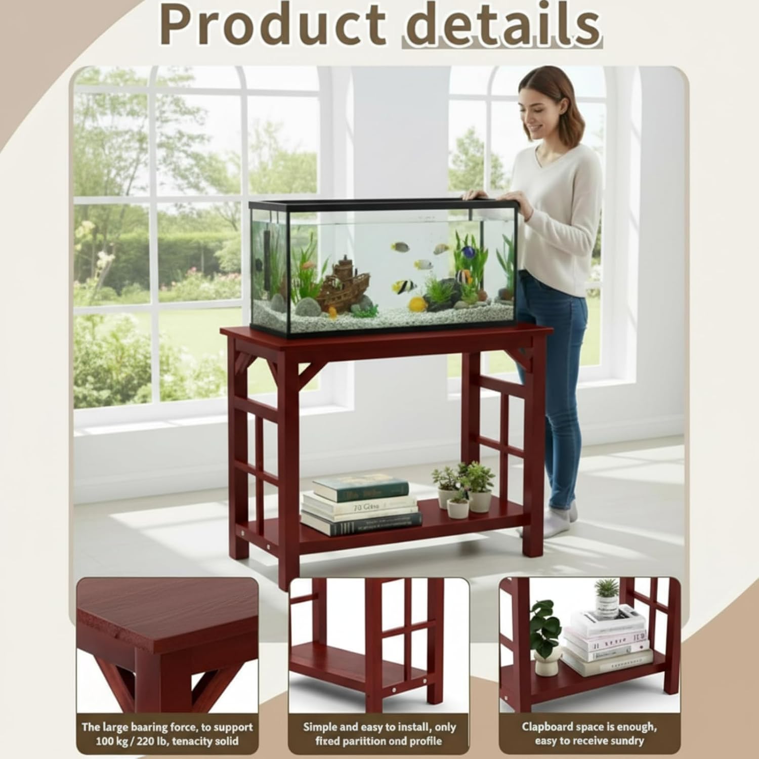 10-20 Gallon Fish Tanks Stand, Solid Wood Heavy Duty Aquarium Terrarium Stand for Home Office Fish Tank Shelf Table, Black, 25.5 x 14 x 24.4 Inch