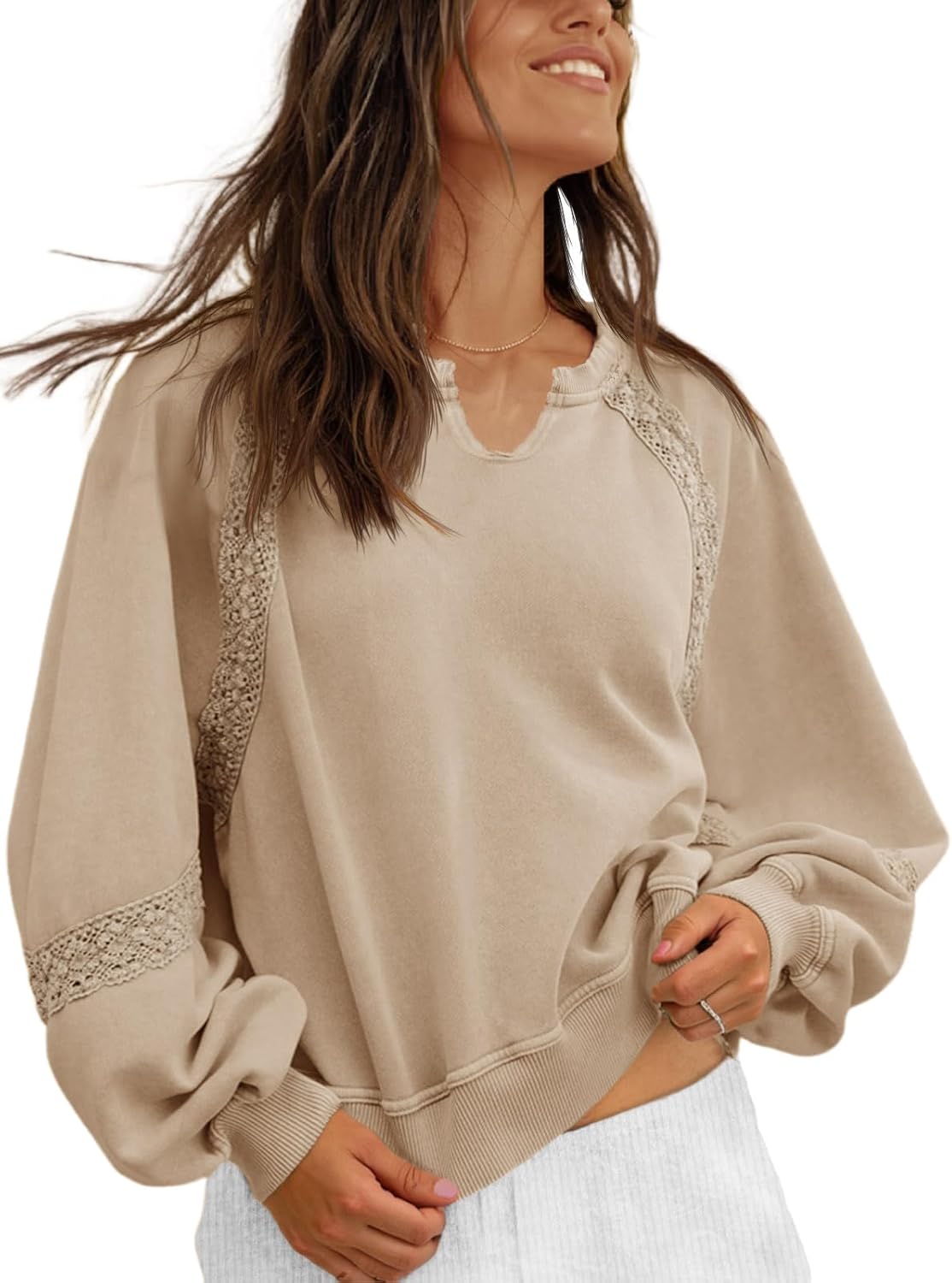 Fisoew Womens Oversized Sweatshirt Casual V Neck Lace Lantern Long Sleeve Cropped Loose Fit Fall Pullover Tops