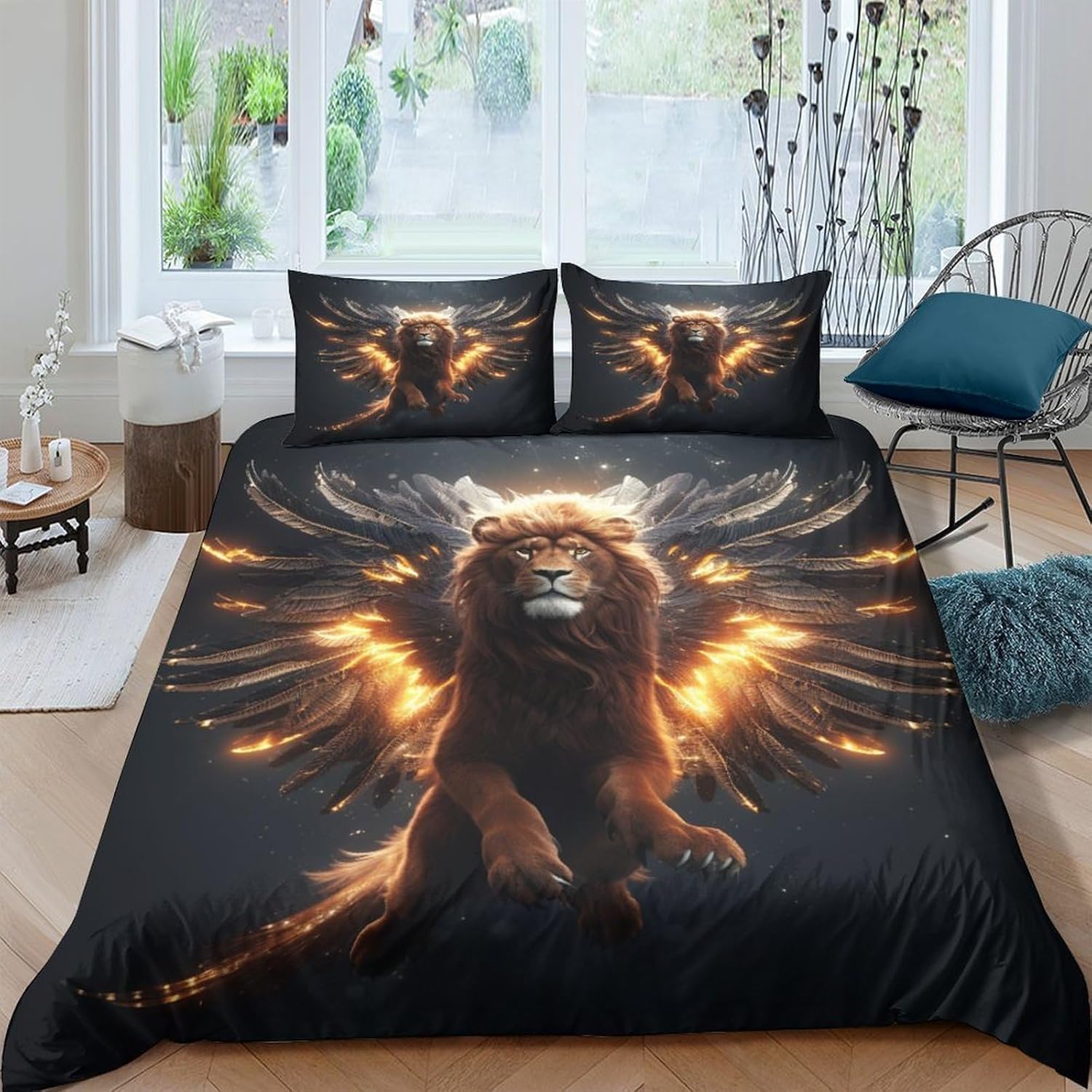 Housse de couette lion 155x220 pour chambre d'ado motif animalier 3D