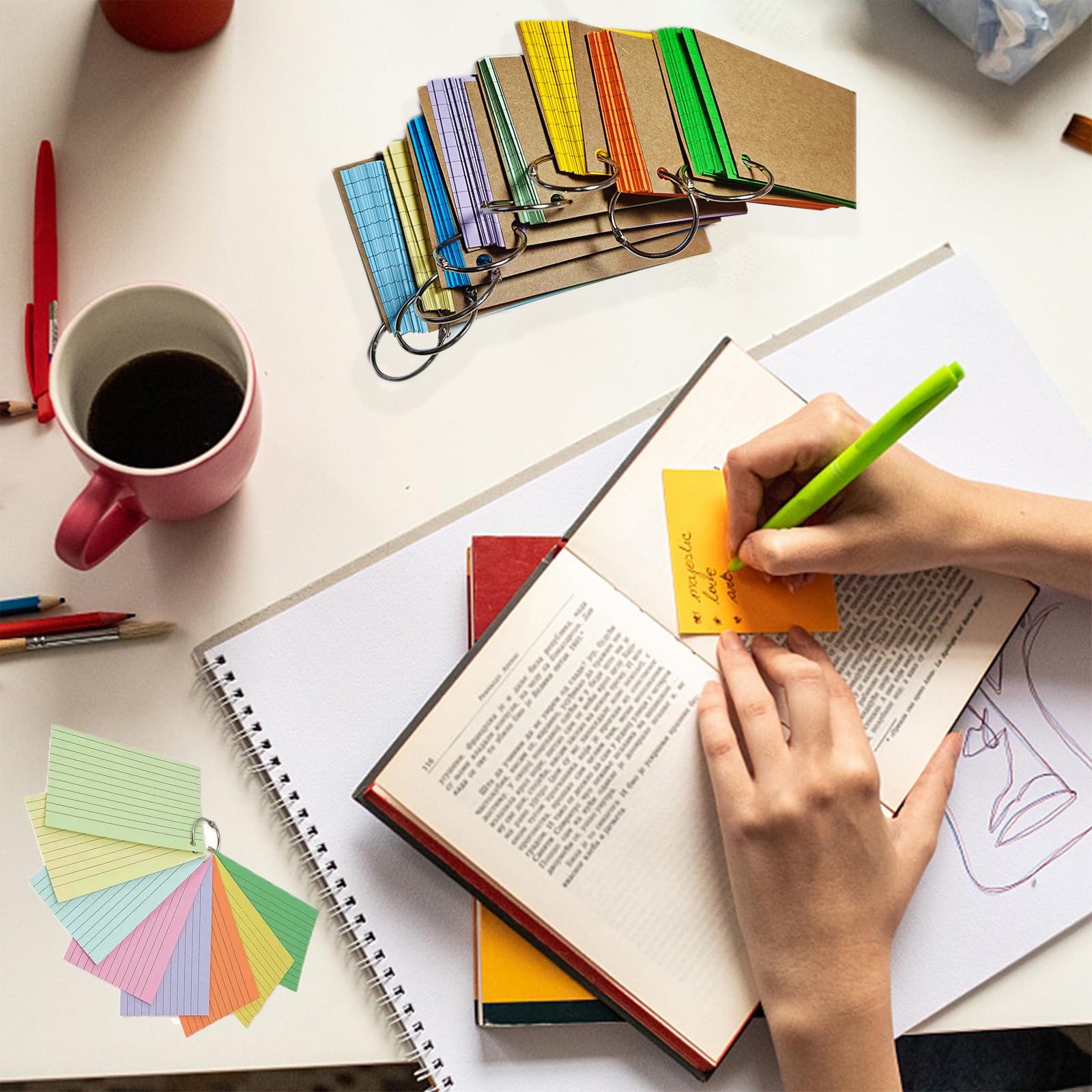 Flashcards A8 Cartoncini Colorati A Righe Con Penna 1000 Pezzi 10 Colori Per Apprendimento